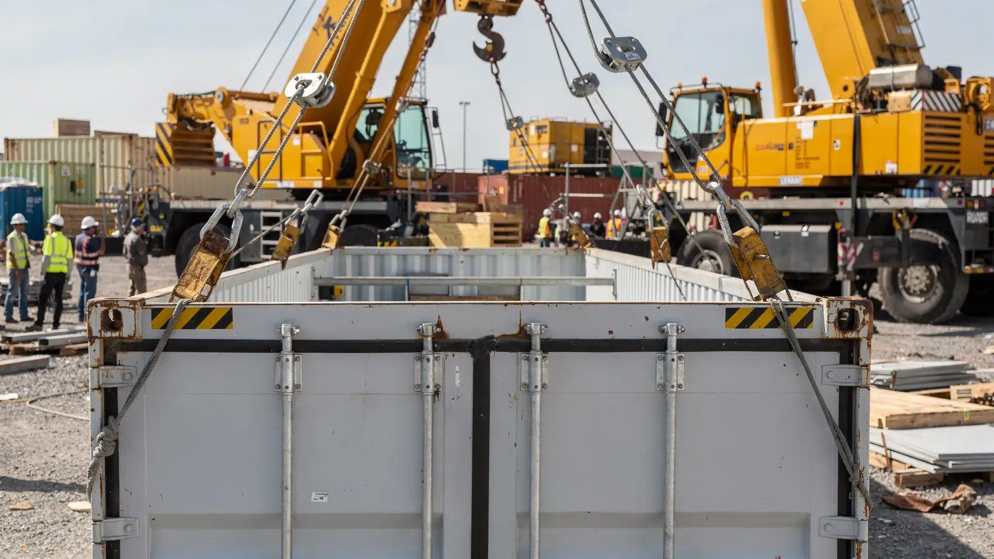 Open Top Container Guide: Loading, Tarps, and Common Uses A crane lowers oversized cargo into a 20ft open top shipping container on a jobsite, with visible roof bows removed and rigging lines attached, and the container’s corner castings and top rails clearly shown.