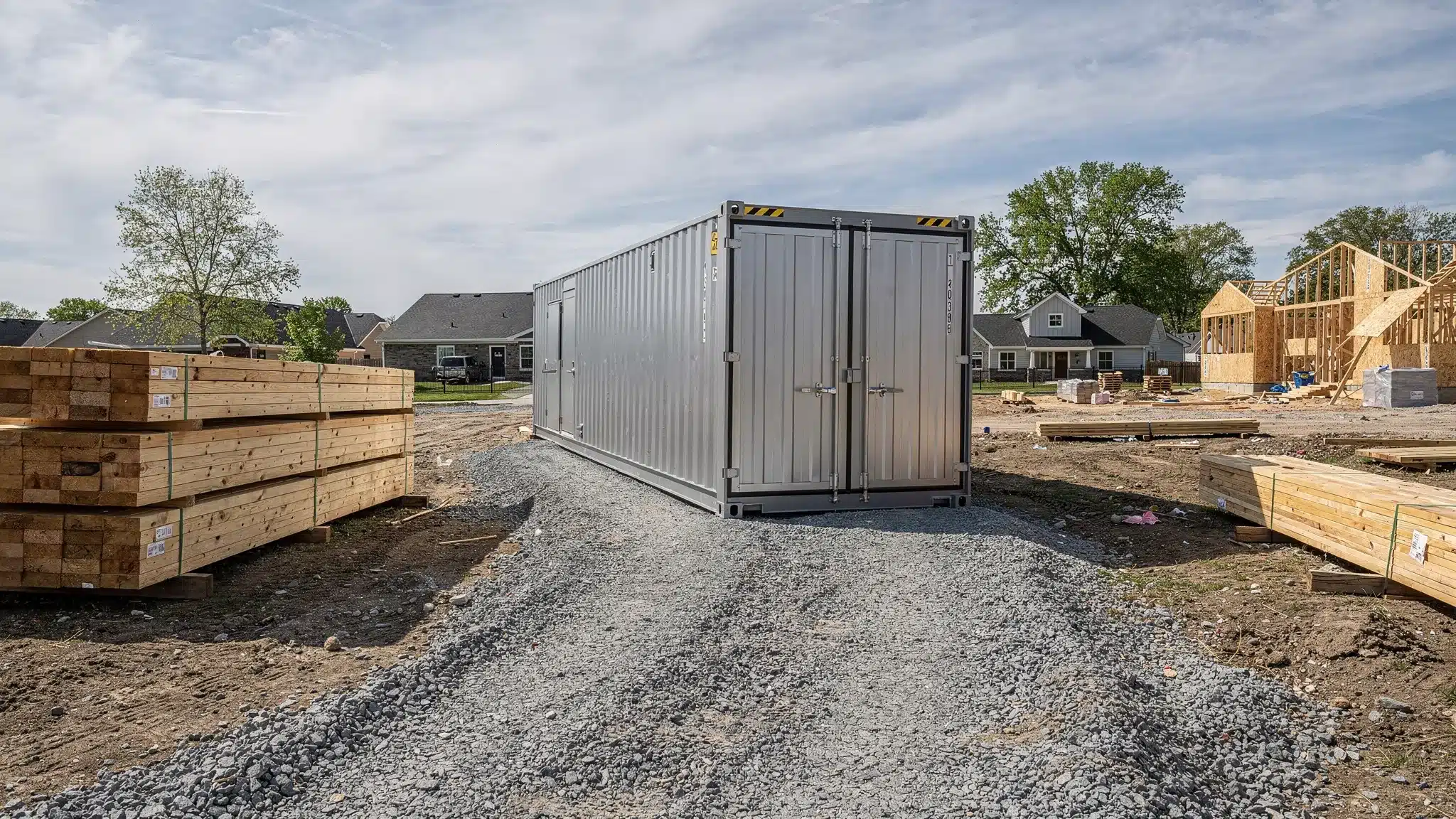 Container Solutions for Jobsites, Farms, and Small Business A steel shipping container staged on a residential construction jobsite with stacked lumber nearby, a clear gravel access path, and adequate overhead clearance for delivery equipment.