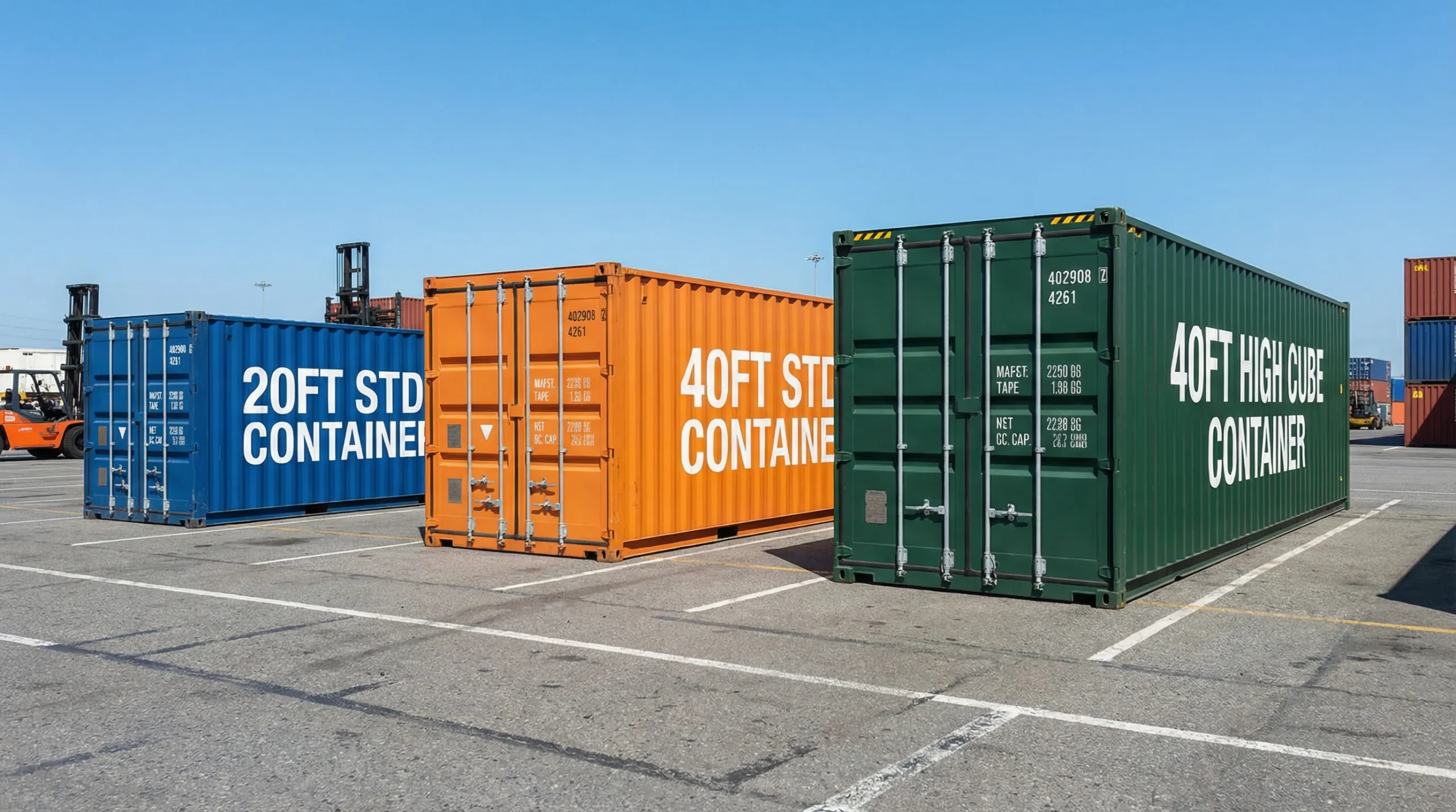 Side-by-side comparison of a 20ft standard container, a 40ft standard container, and a 40ft high cube container, showing their footprints and the extra height of the high cube.