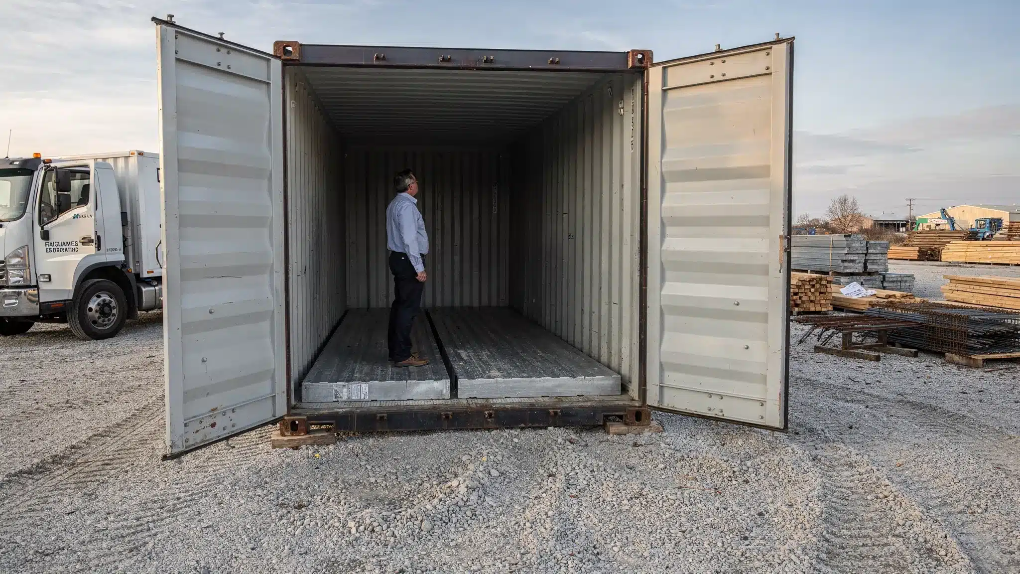 A buyer inspecting the open doors and interior floor of a steel freight container on a prepared gravel pad, with a delivery truck parked nearby and construction materials in the background.