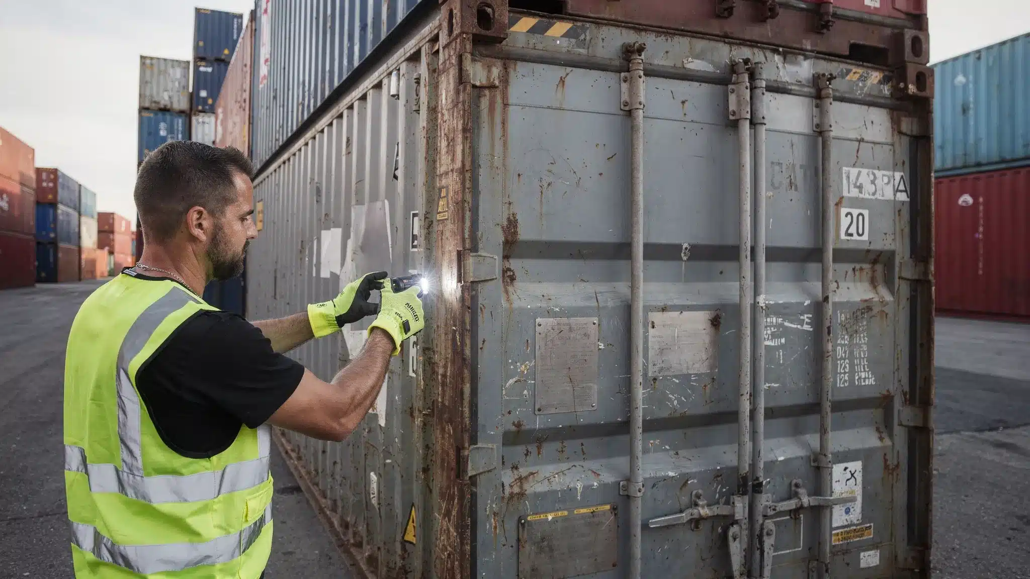 Used Shipping Containers for Sale: How to Inspect Before Paying A buyer wearing gloves and holding a flashlight inspects a used shipping container at a container yard, checking corner castings, roofline condition, and side panel dents. Other 20ft and 40ft containers are stacked in the background, with a clear focus on doors and structural edges.