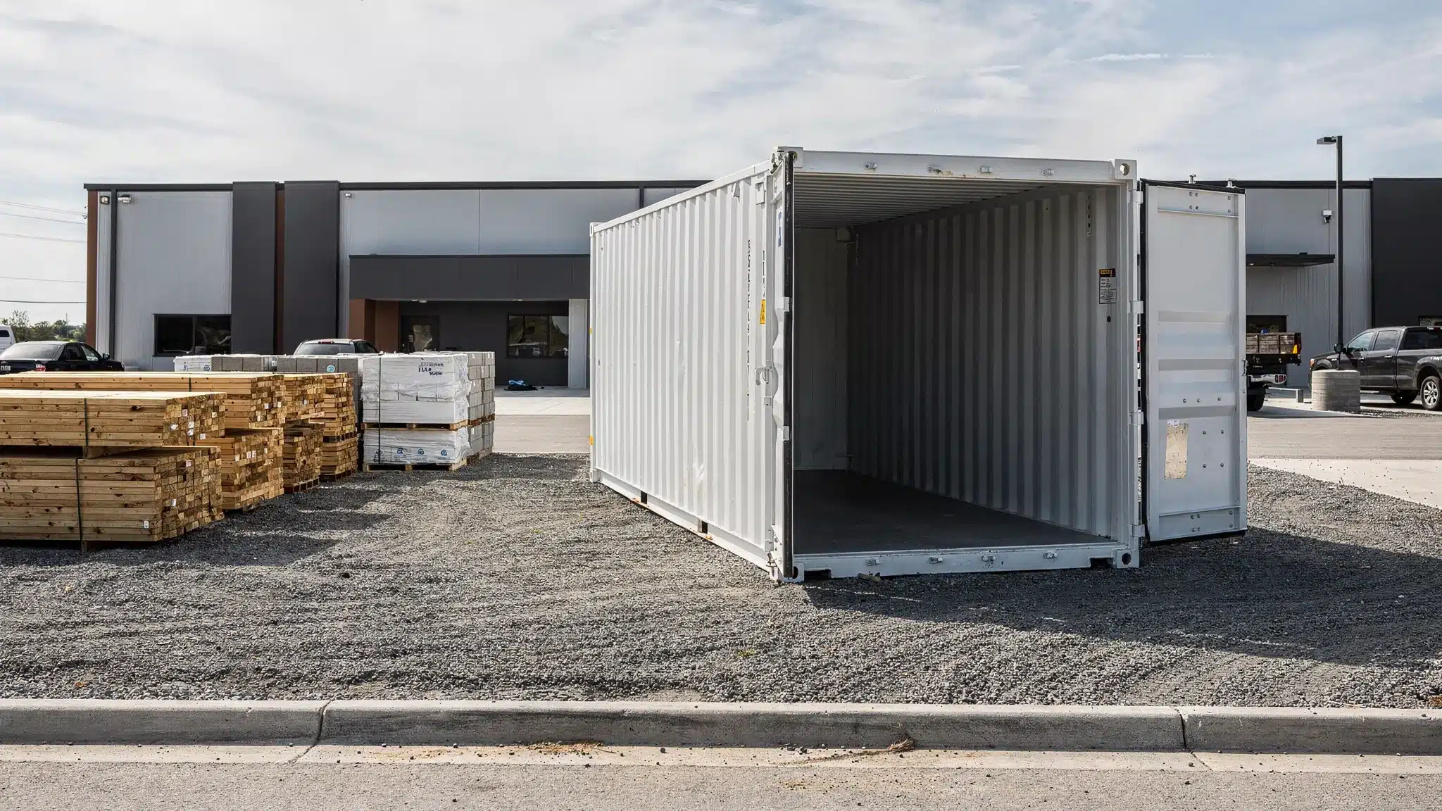 A clean 20 ft shipping container placed on a level gravel pad at a commercial property, with open double doors showing an empty interior and organized construction materials nearby.