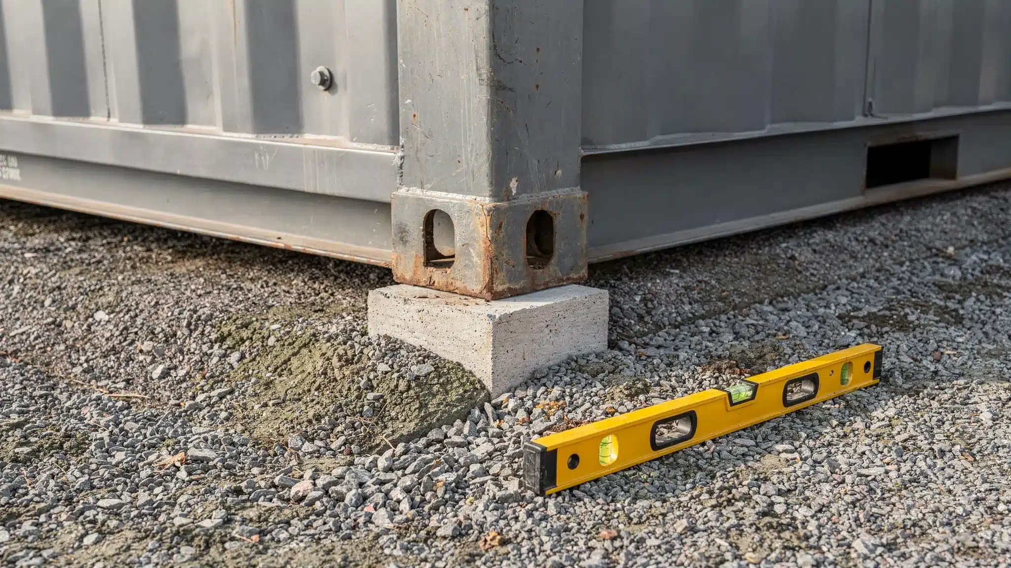 A close-up scene of a shipping container corner resting on a leveled gravel pad with a solid corner support block, showing a slight slope away for drainage and a hand level tool nearby.