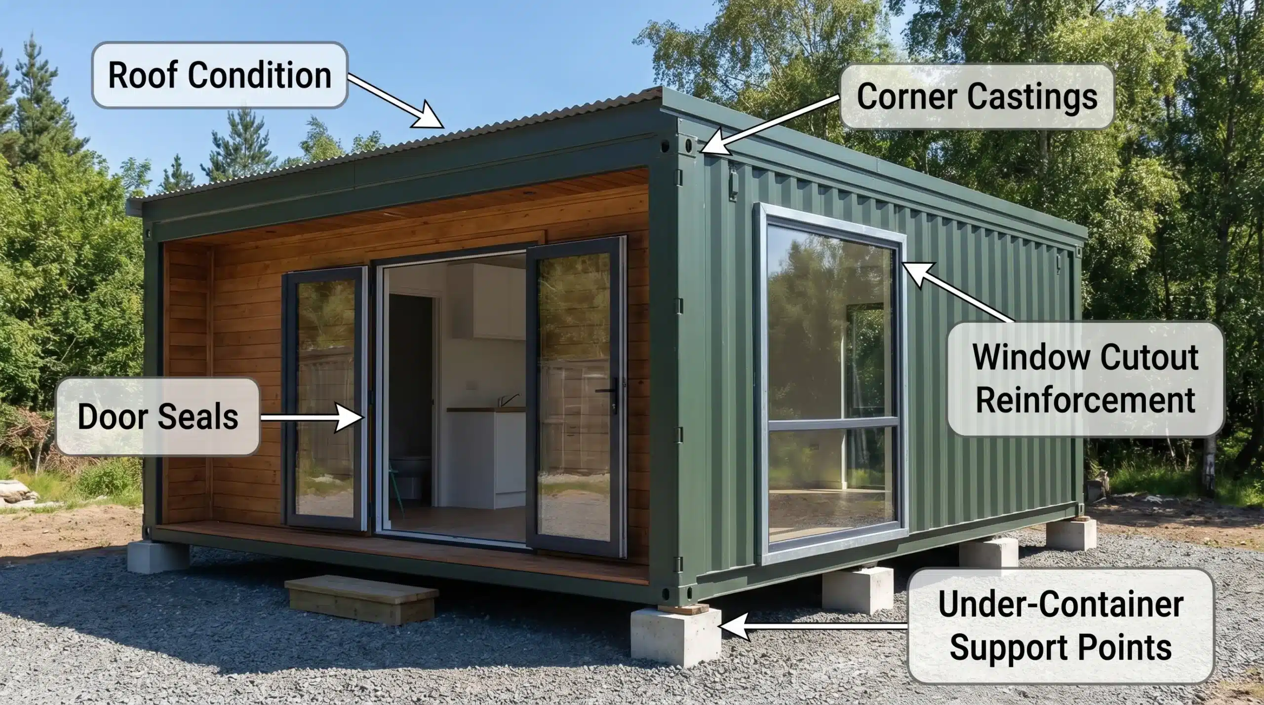 A finished shipping container home exterior with callouts pointing to key inspection zones: roof condition, corner castings, door seals, window cutout reinforcement, and under-container support points.