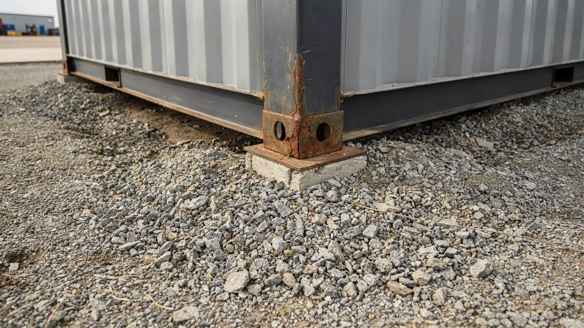 Efficient Delivery: How to Plan Access for a Container Drop A ground-level photo showing a shipping container corner resting on a compacted gravel pad with solid corner supports, with clear drainage away from the container.