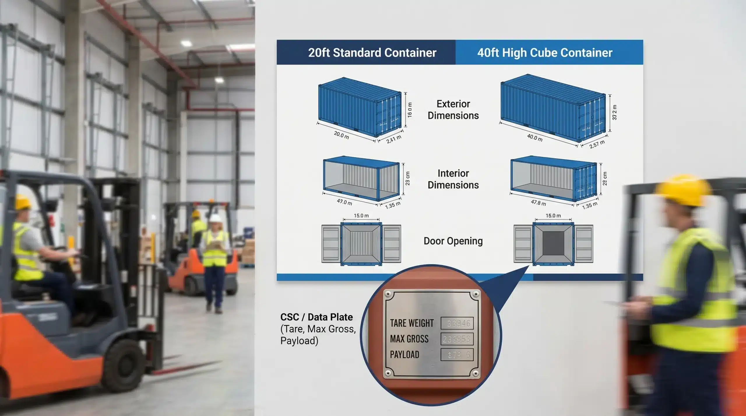 A labeled comparison graphic of a 20ft and a 40ft High Cube shipping container showing exterior dimensions, interior dimensions, door opening width/height, and a close-up callout of the CSC/data plate where tare, max gross, and payload are listed.