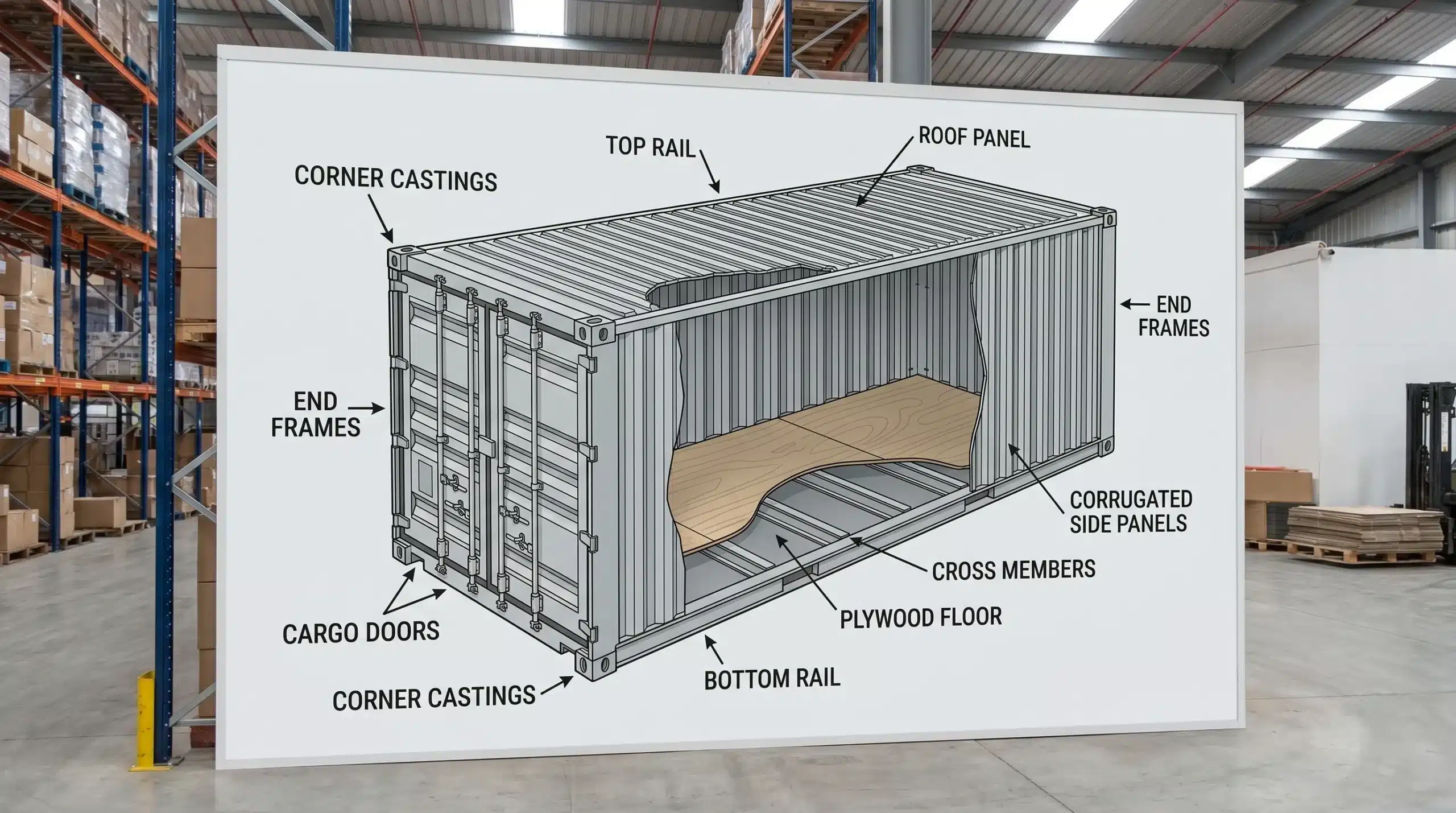 A labeled cutaway illustration of a standard ISO shipping container showing corner castings, top and bottom rails, end frames, corrugated side panels, roof panel, cross members, plywood floor, and cargo doors.