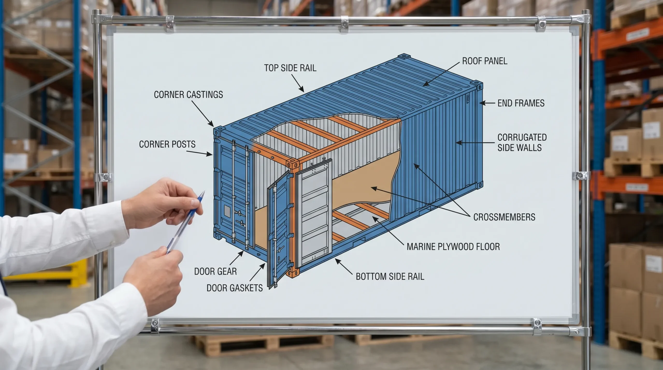 A labeled cutaway illustration of a standard ISO shipping container showing corner castings, corner posts, top and bottom side rails, end frames, roof panel, corrugated side walls, crossmembers, marine plywood floor, door gear, and door gaskets.