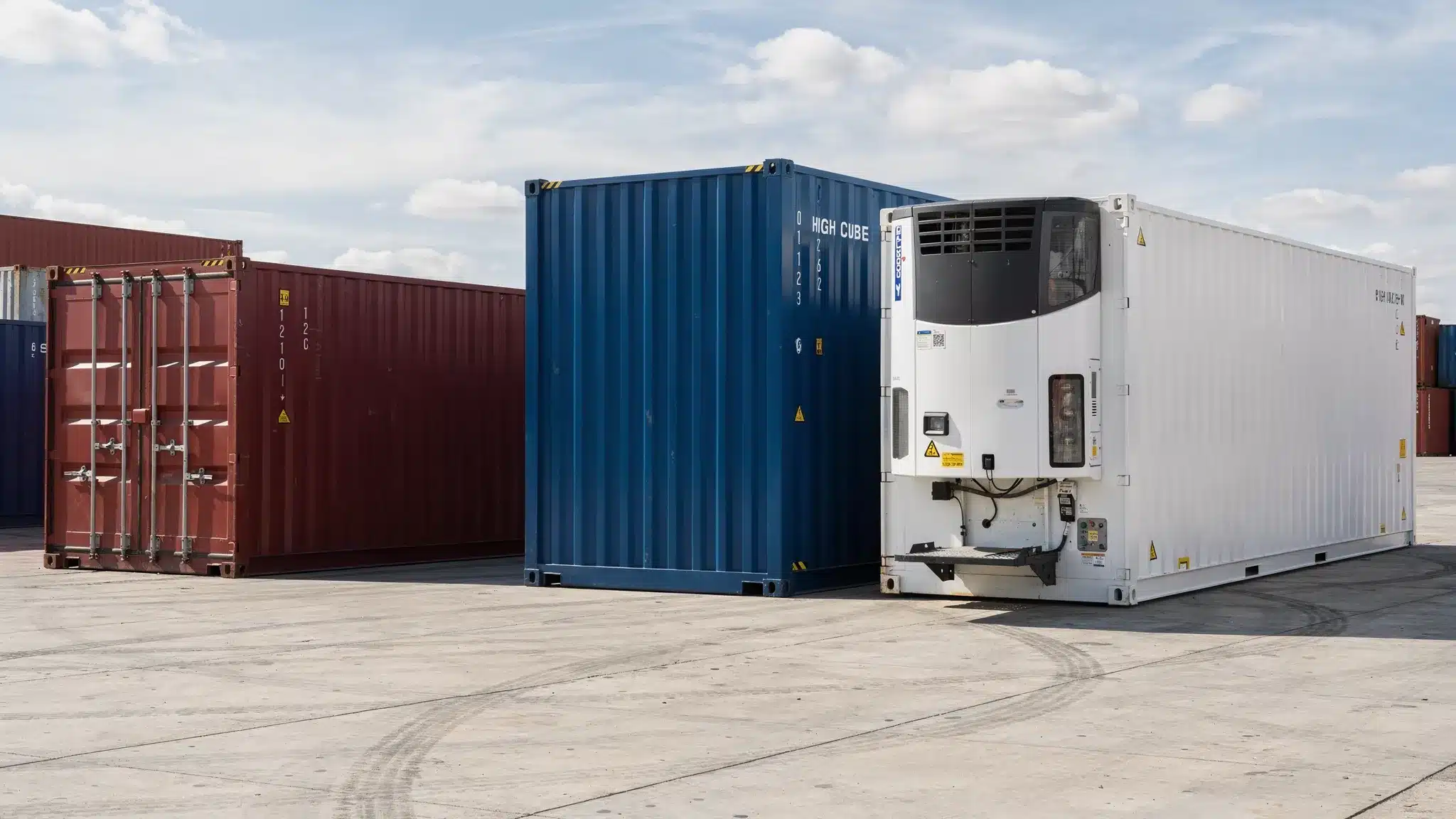 A lineup of different ISO shipping container types on a depot yard, including a standard dry container, a High Cube container, and a refrigerated reefer unit. The containers are shown side-by-side with clear differences in height and equipment, under a bright outdoor sky.