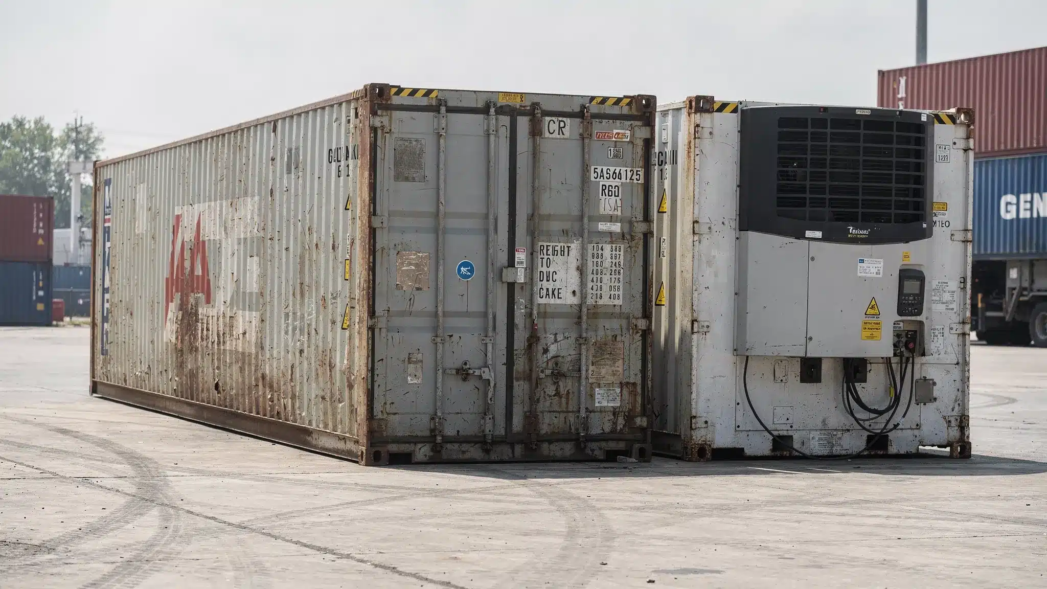 A lineup of shipping containers at a depot, showing a standard height container, a taller high cube container, and a refrigerated reefer container with a visible refrigeration unit on the front end.