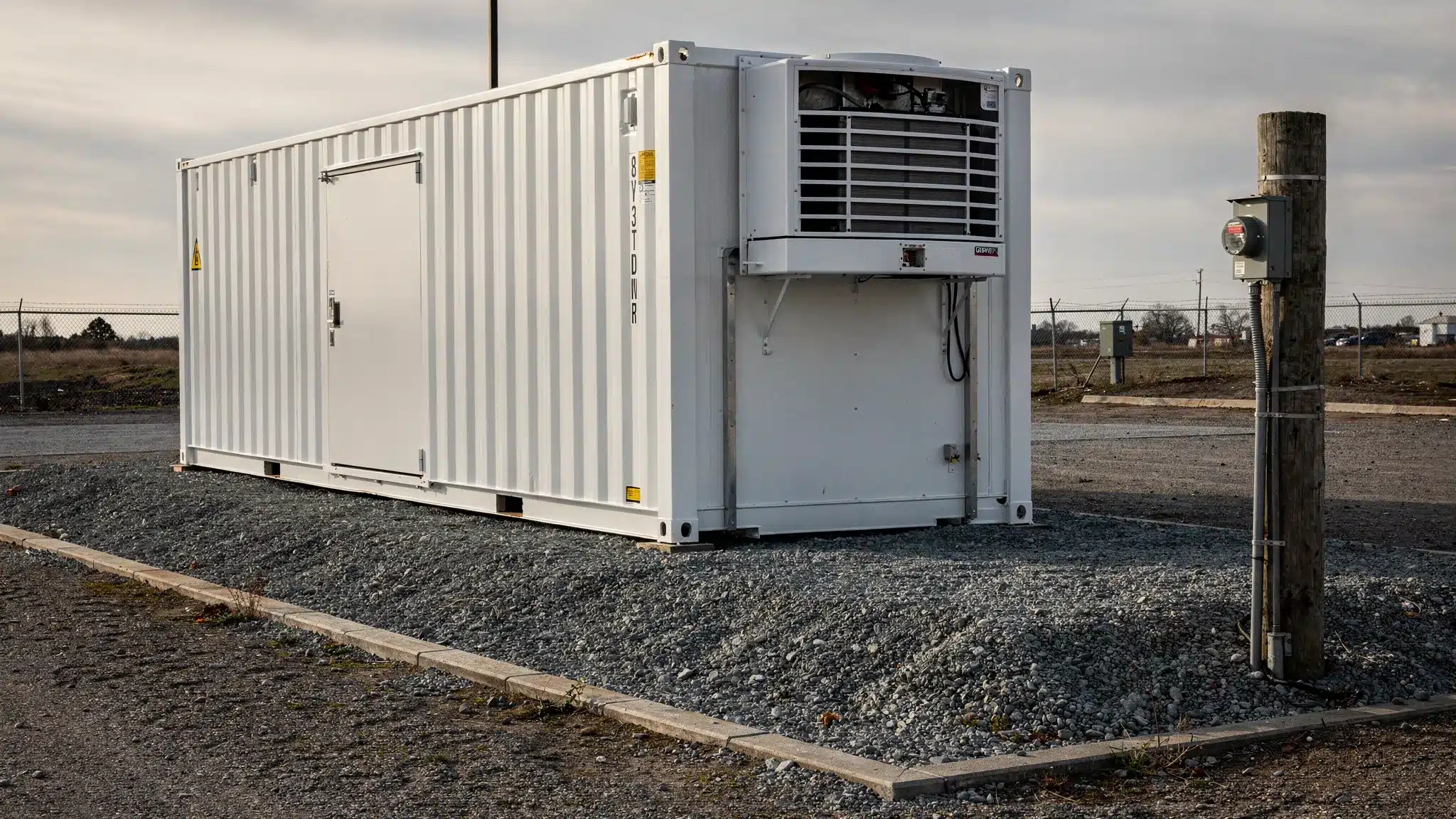 A refrigerated shipping container placed on a compacted gravel pad, with clear access in front of the refrigeration unit and a nearby electrical disconnect on a post.