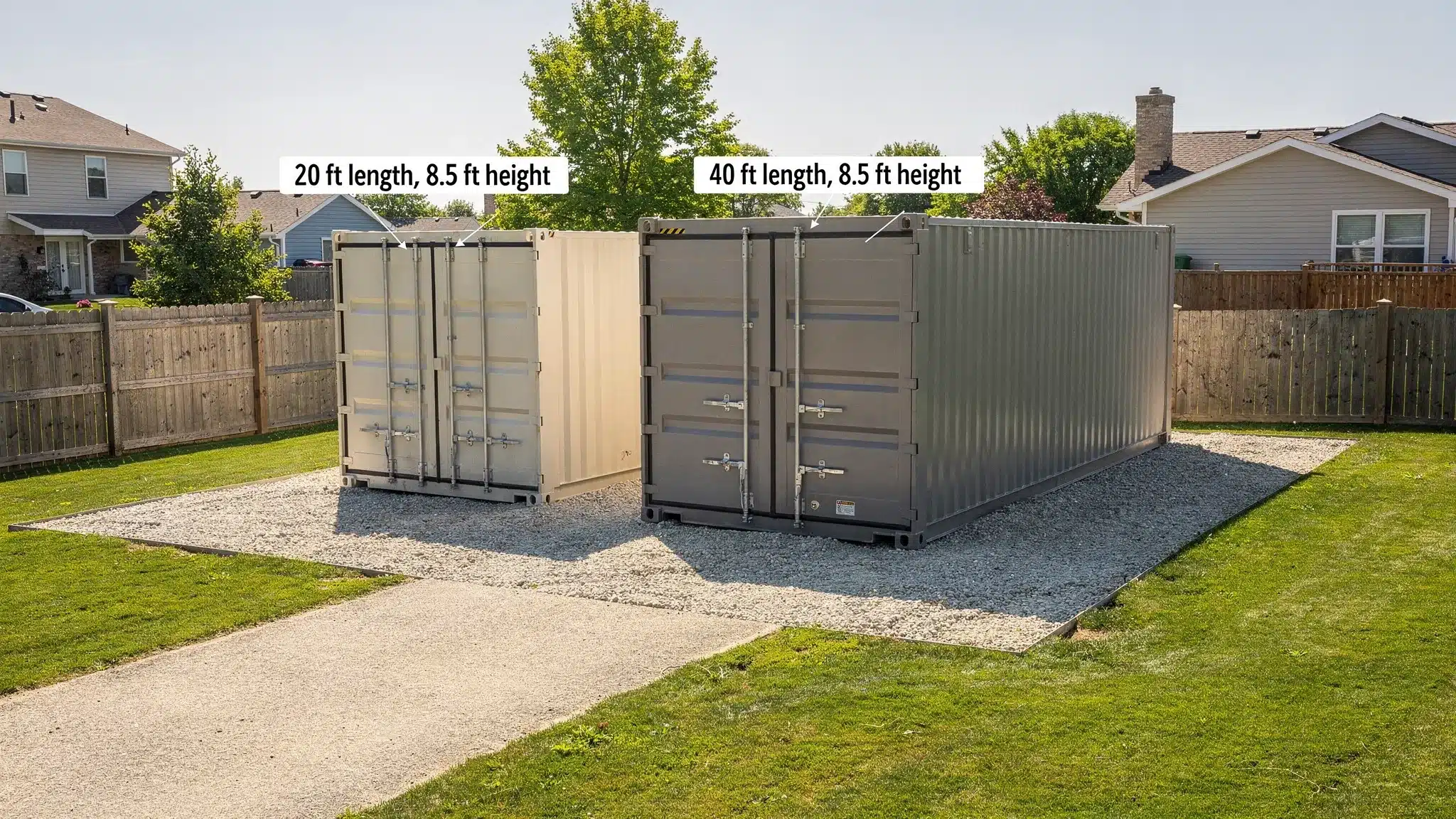 A residential backyard in a suburban neighborhood with a 20ft and a 40ft shipping container shown side-by-side for scale, each labeled with length and height, placed on compacted gravel pads with clear door swing space and a driveway access path visible.