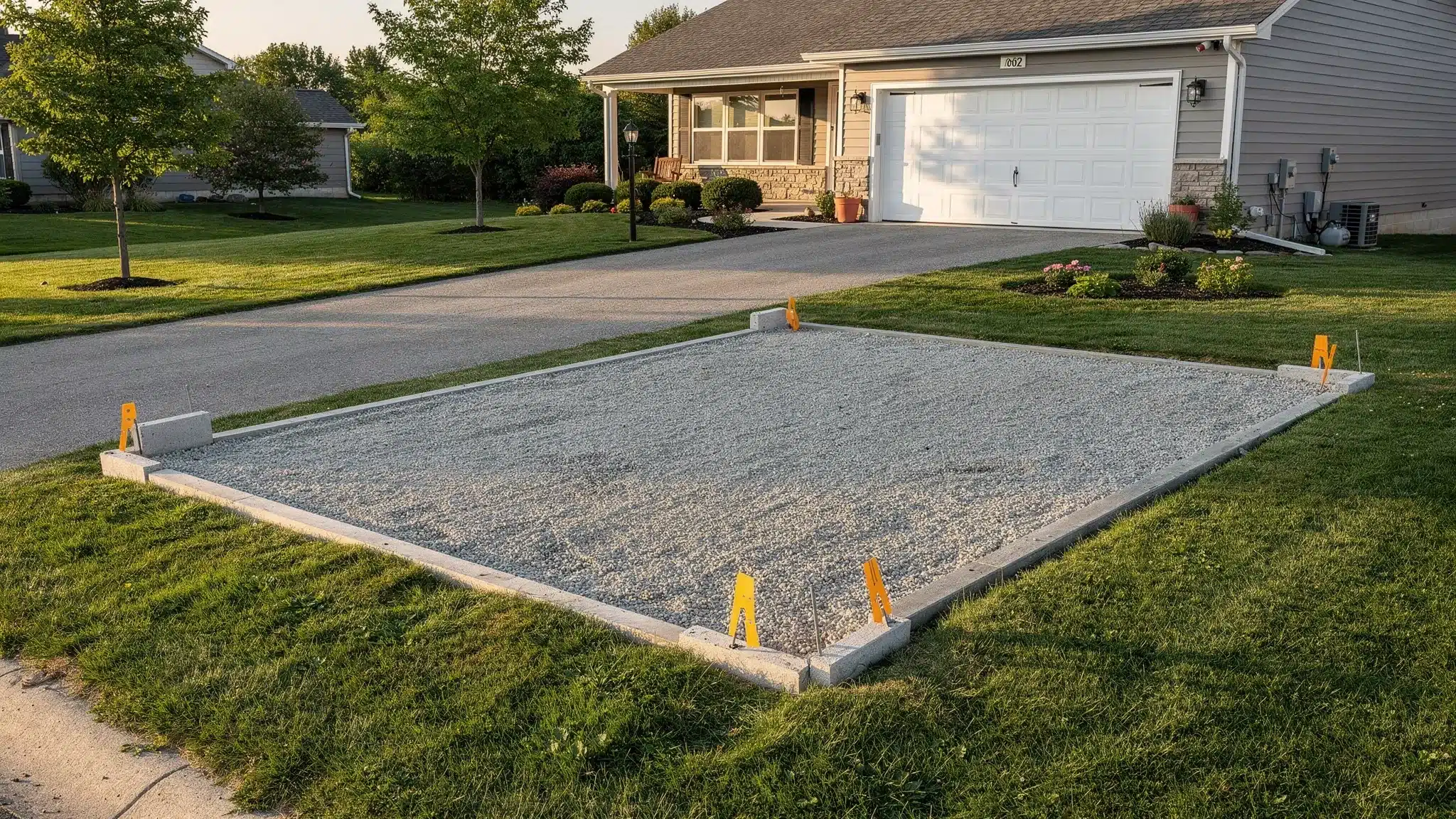 A residential driveway and yard showing a clear delivery path, turning area, and a compacted gravel pad with corner supports marked for a 40ft container placement.