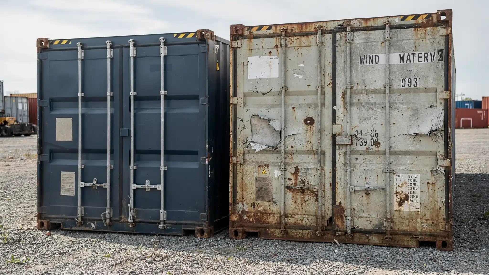A side-by-side comparison of a one-trip shipping container and a used wind-and-watertight container in a yard setting, showing differences in paint condition, dents, and door hardware.