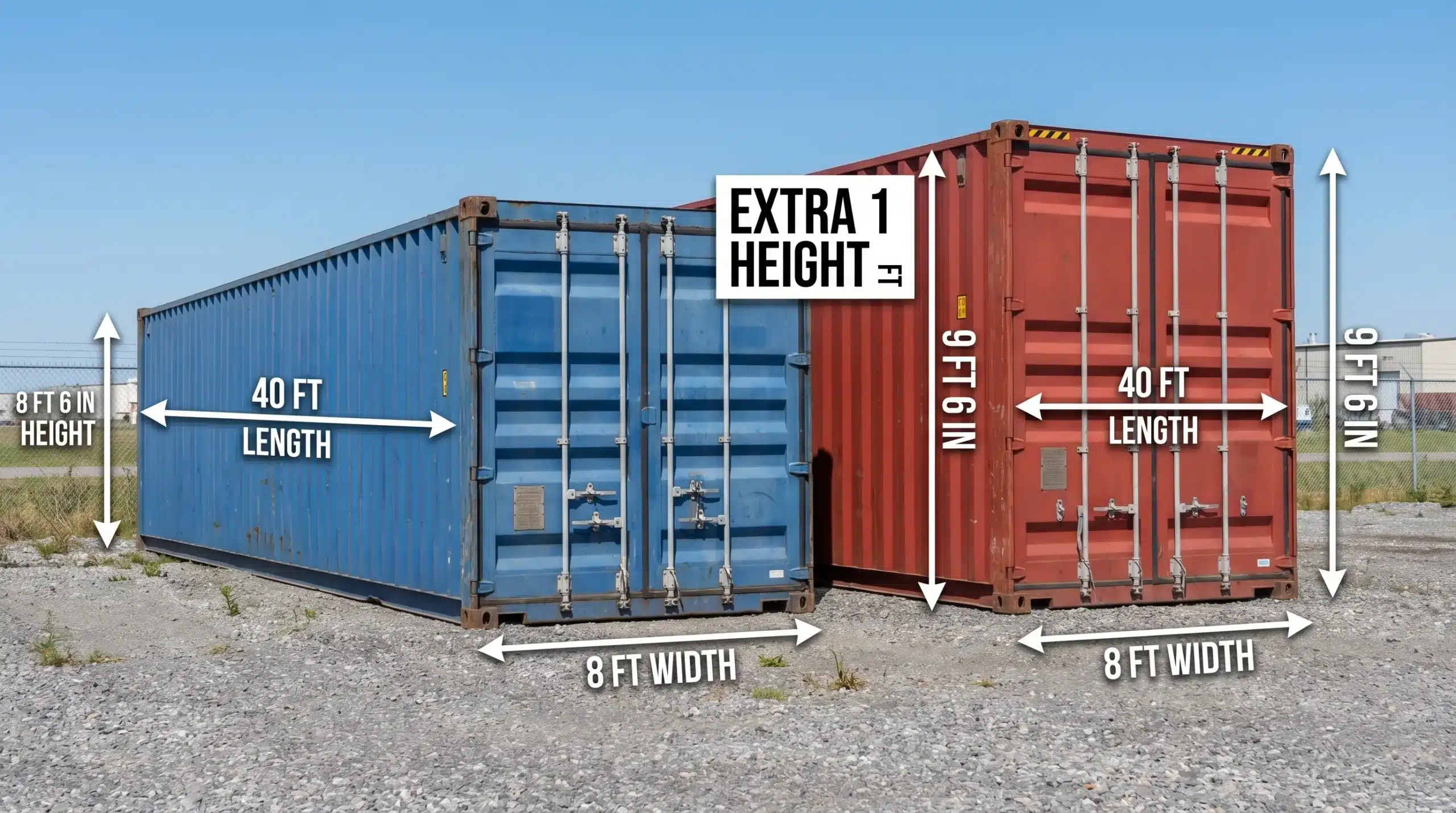 A side-by-side comparison of a standard 40ft shipping container and a 40ft high cube container on a flat gravel pad, with a clear label showing the extra 1 foot of height on the high cube. The containers are shown in profile with simple dimension callouts for length, width, and height.