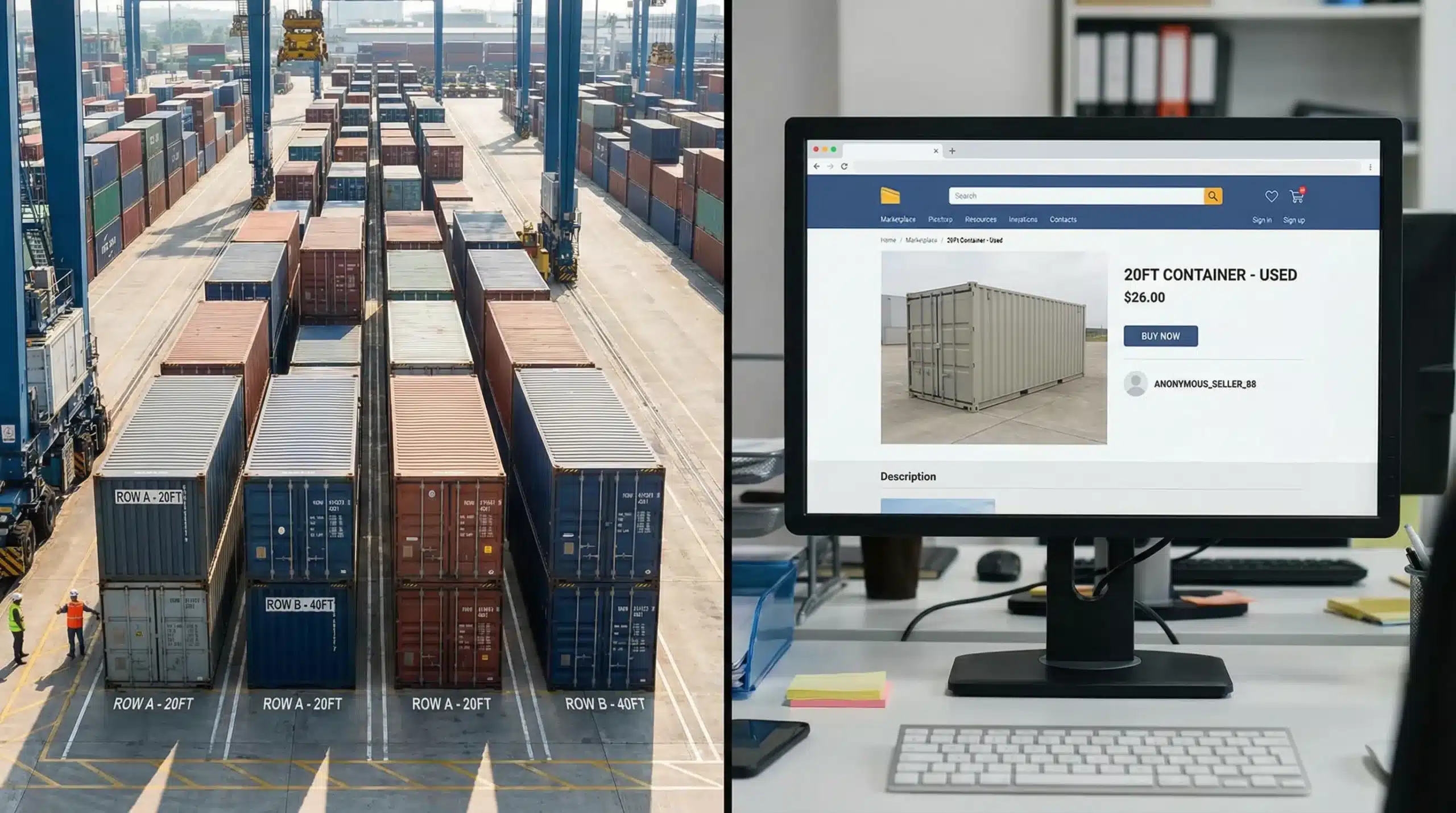 A side-by-side comparison scene showing a professional container yard with labeled rows of 20ft and 40ft containers and a separate view of a generic online marketplace listing page for a shipping container, highlighting the difference between physical inventory and anonymous listings.