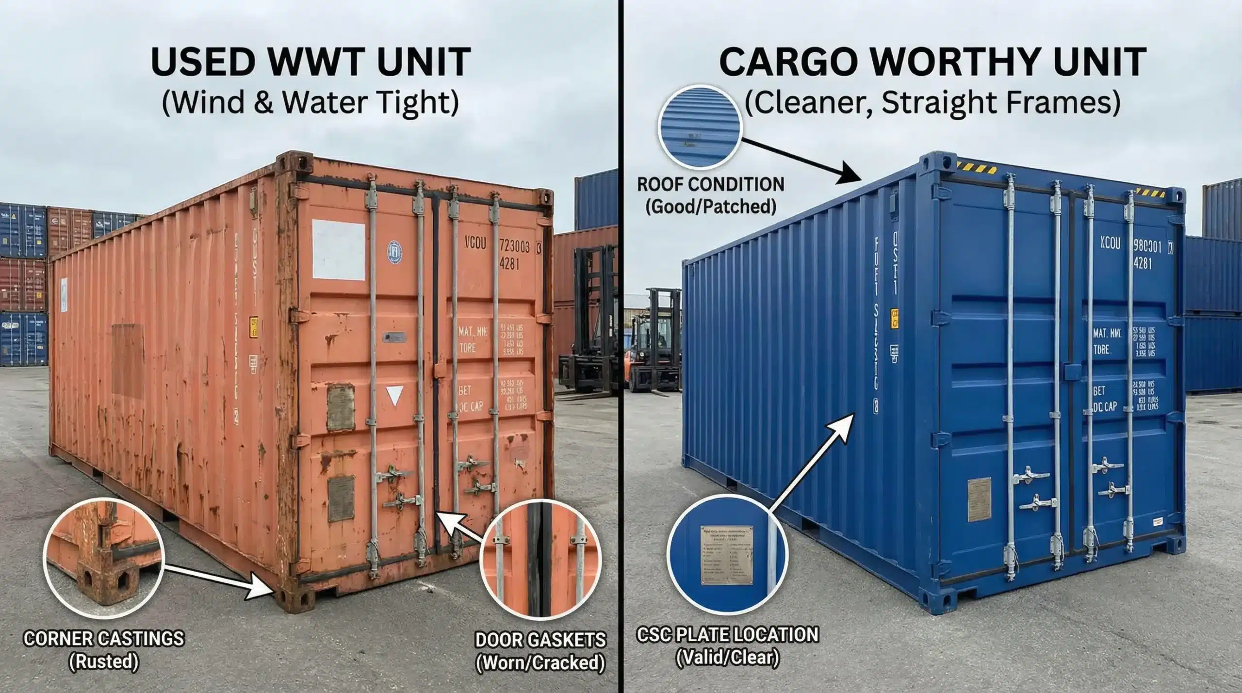 Used Cargo Containers for Sale: CW vs WWT Grading Made Simple A side-by-side visual comparison of a used shipping container exterior showing typical dents and surface rust on a WWT unit, versus a cleaner cargo worthy container with straighter door frames; include close-up callouts for corner castings, door gaskets, roof condition, and the CSC plate location.