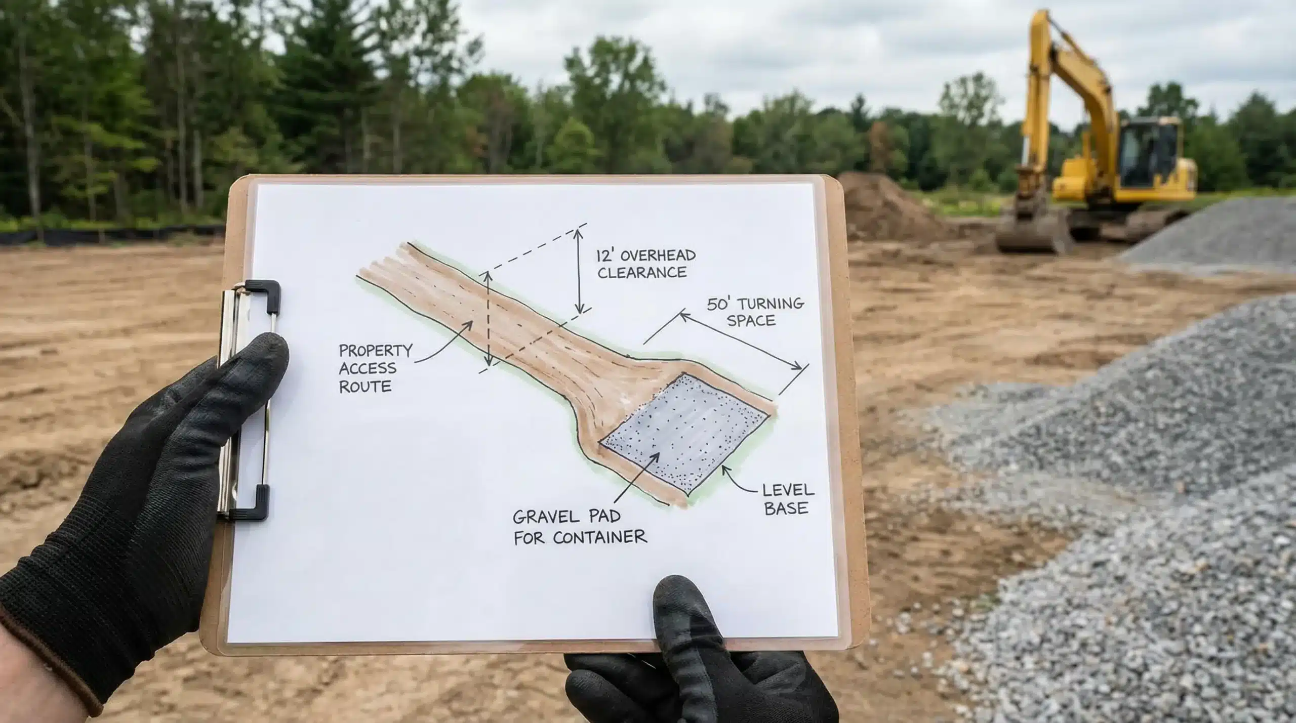 A simple diagram showing a property access route and a rectangular gravel pad for a shipping container, with labeled measurements for overhead clearance, turning space, and a level base, illustrating site preparation for delivery.