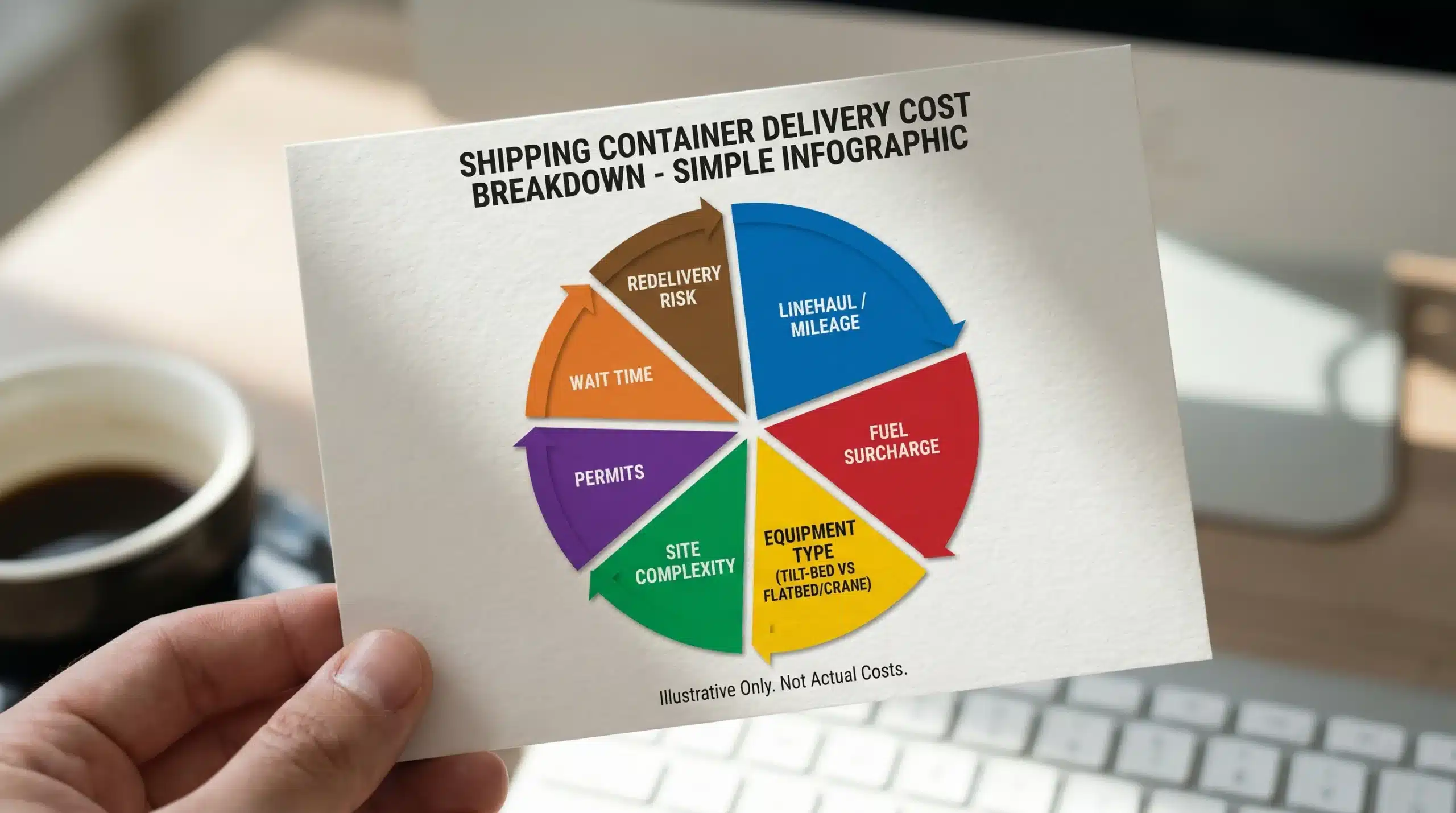 A simple infographic-style diagram showing a shipping container delivery cost breakdown with labeled segments: linehaul/mileage, fuel surcharge, equipment type (tilt-bed vs flatbed/crane), site complexity, permits, wait time, and redelivery risk.