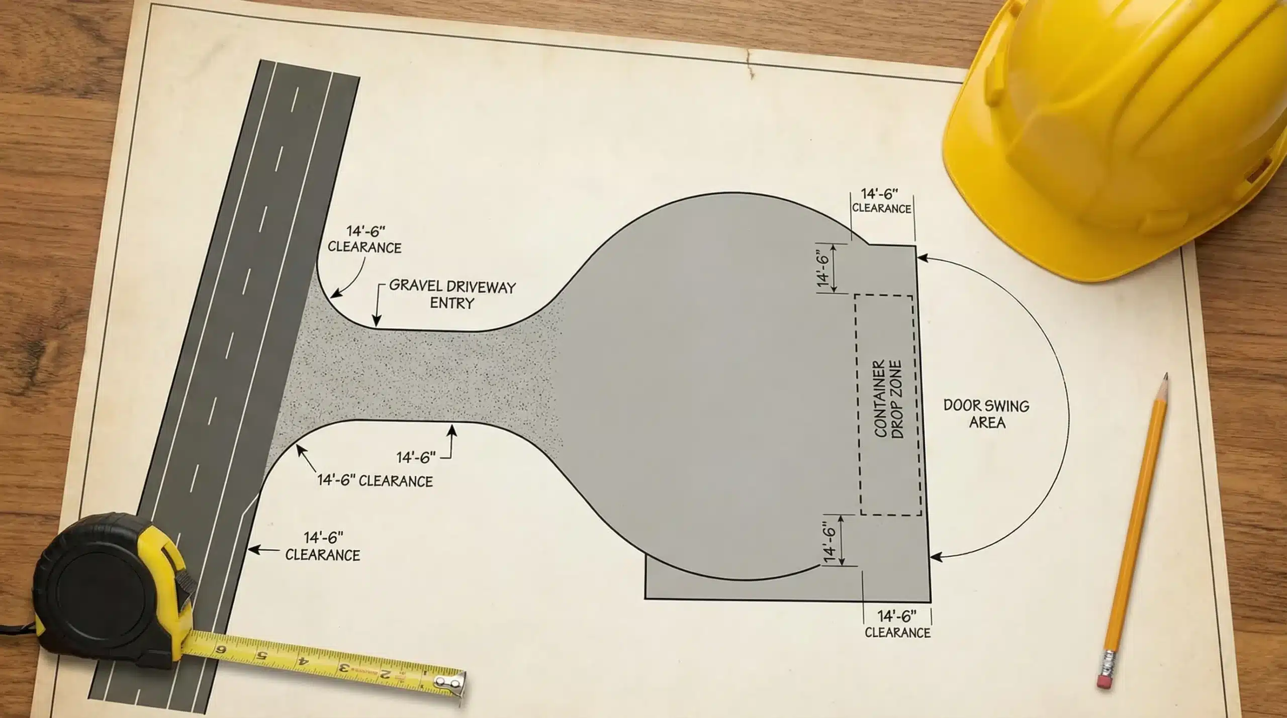 Efficient Delivery: How to Plan Access for a Container Drop A simple overhead site diagram showing a road, driveway entry, turning area, measured overhead clearance points, and a marked container drop zone with door swing space.