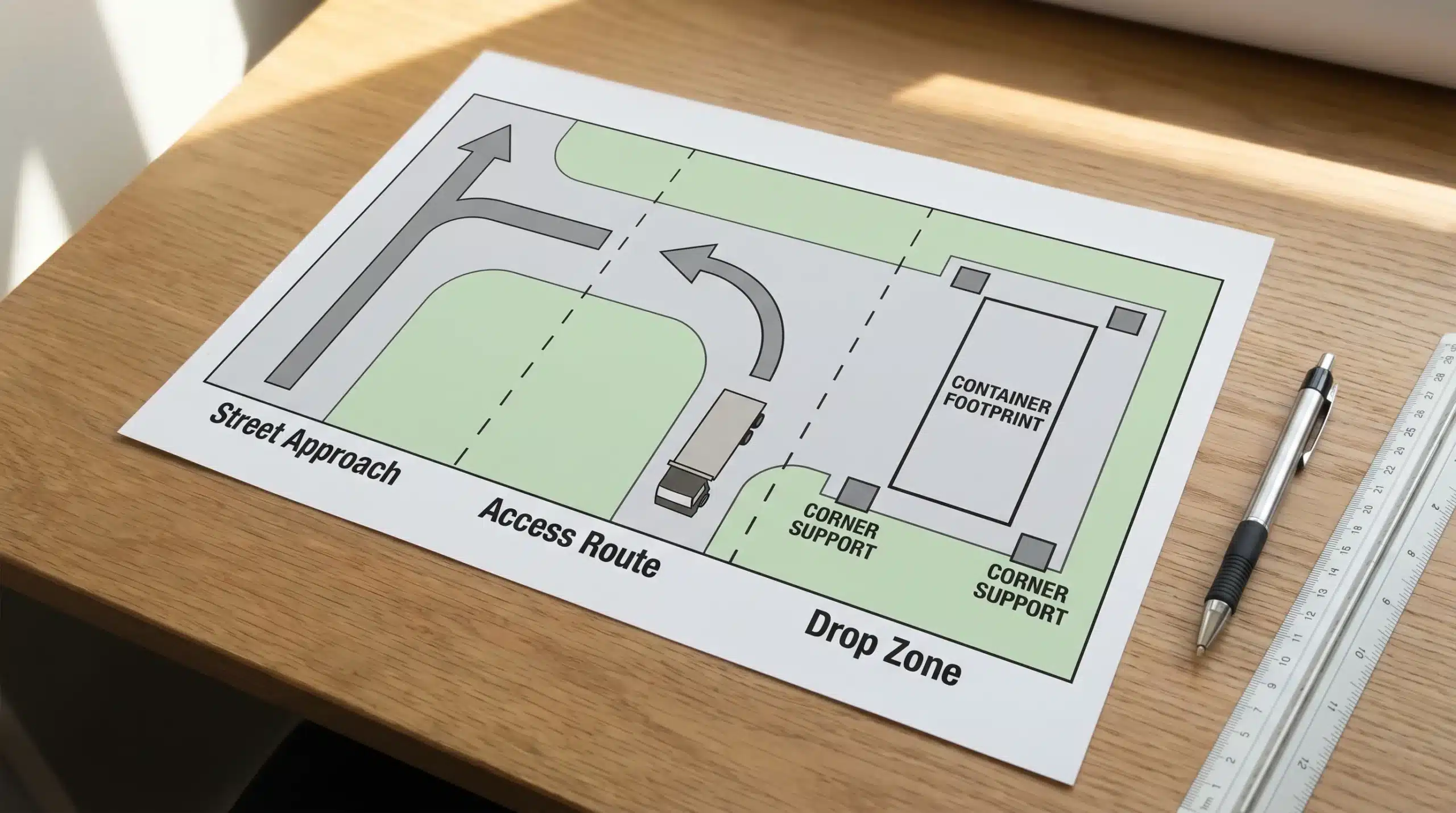 A simple three-zone illustration of a shipping container delivery plan labeled “Street Approach,” “Access Route,” and “Drop Zone,” showing a tilt-bed truck path, turning area, and a marked container footprint with corner supports.