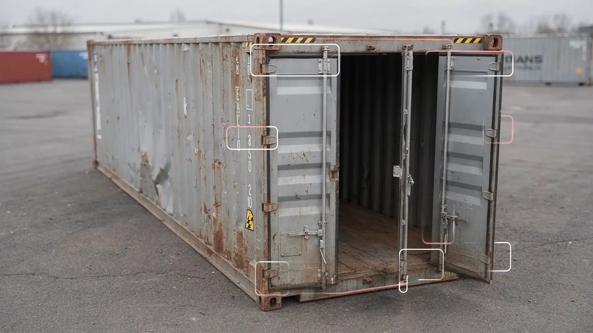 Buy Used Shipping Containers: A Step-by-Step Raleigh Guide A used shipping container in a yard with key inspection points highlighted: roof panel, door gaskets, locking bars, corner castings, and floor area near the doors.
