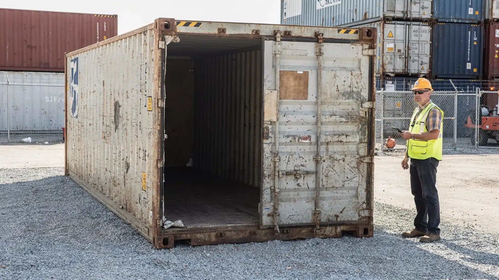 A used steel shipping container being inspected on a gravel pad, with close attention to doors, roofline, corner posts, and floor condition in an outdoor commercial yard.