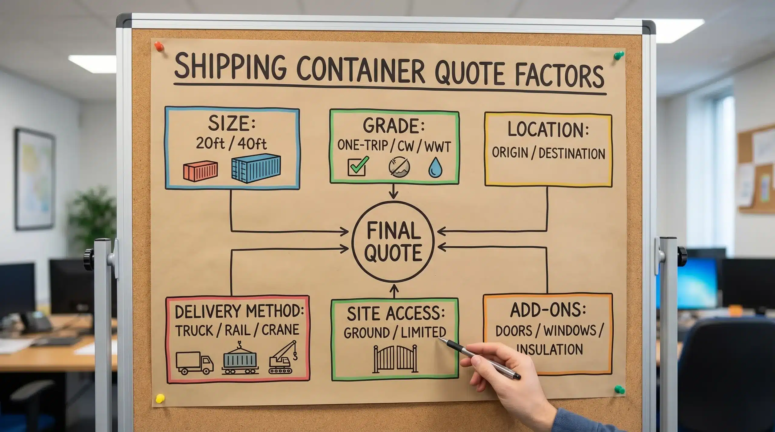 An infographic-style diagram showing the main factors that affect a shipping container quote: size (20ft/40ft), grade (one-trip/CW/WWT), location, delivery method, site access, and add-ons.