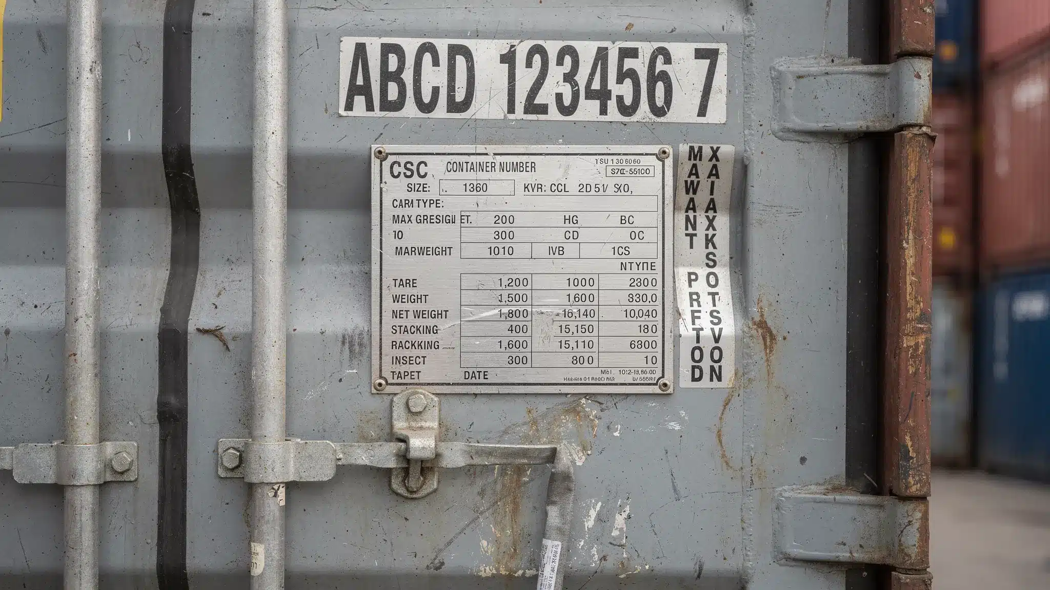 Close-up of a shipping container CSC safety approval plate and container identification markings on the door, showing fields like container number, ISO type, gross weight, and inspection dates.
