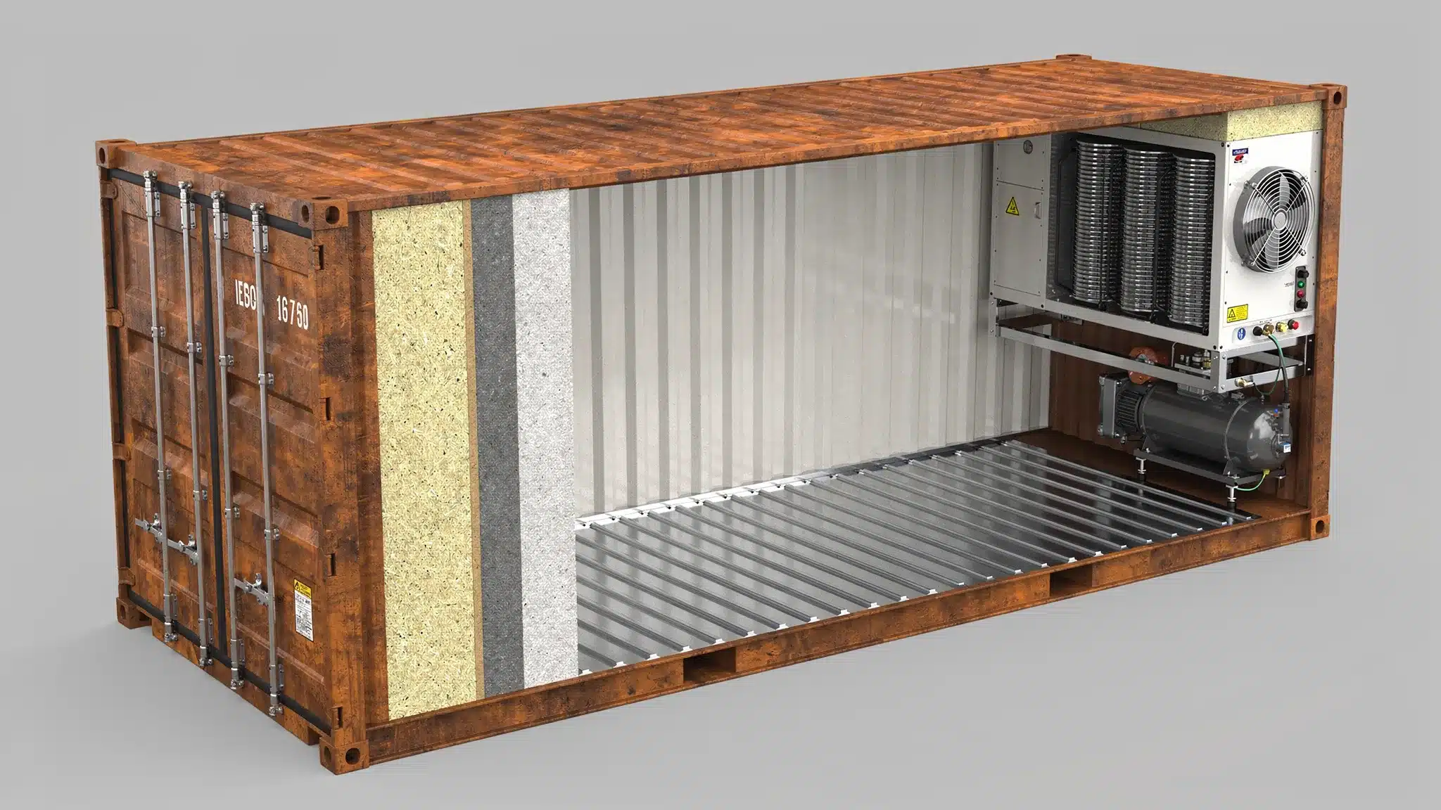 Cutaway view of an ISO refrigerated shipping container showing Corten steel exterior, thick insulated wall panels, rear refrigeration unit with condenser and evaporator, and the interior T-bar floor that supports airflow under pallets.