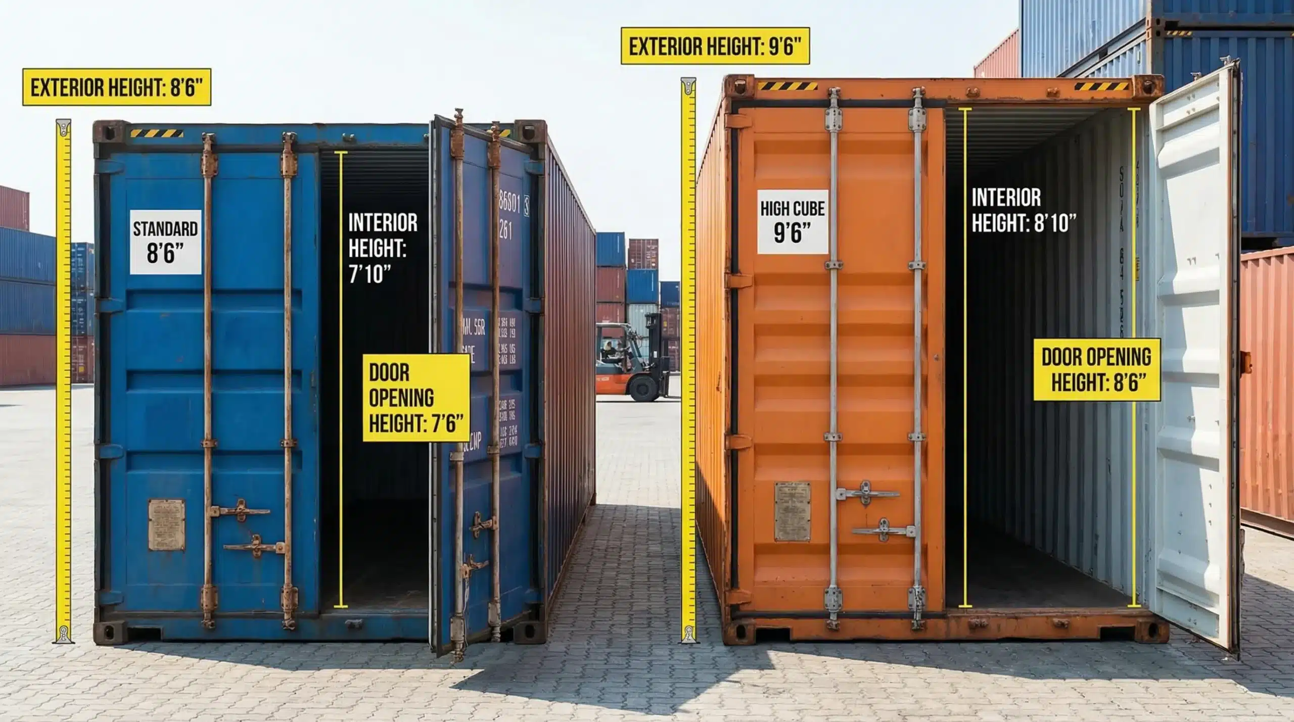 High Cube Container Dimensions: Interior Height and Door Specs Side-by-side illustration of a standard 8'6