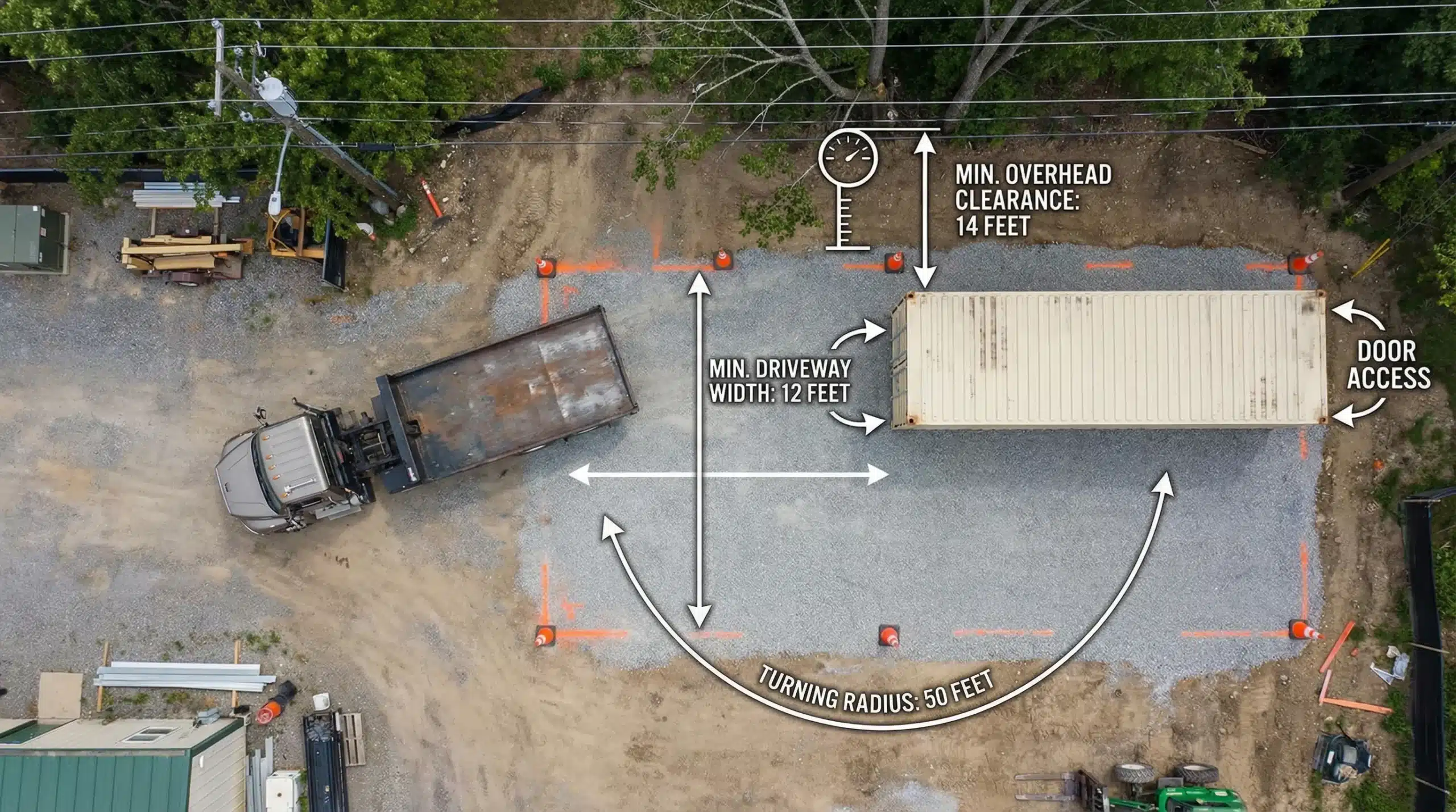 Storage Containers for Rental: Delivery, Access, and Damage Fees Top-down illustration of a tilt-bed truck approaching a marked container drop zone on a gravel pad, showing required driveway width, turning radius, overhead clearance for power lines/trees, and door orientation relative to access.
