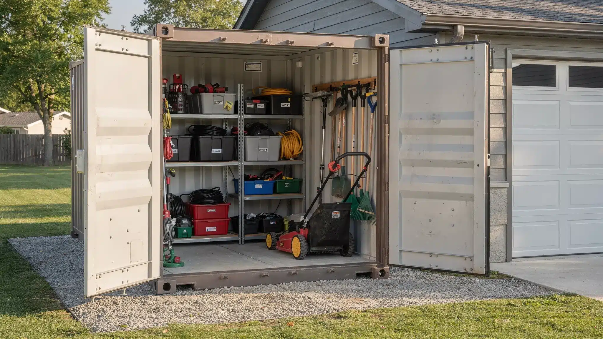 A 20ft shipping container placed on a compact gravel pad beside a residential garage, with tools, storage bins, and yard equipment organized inside the open container doors.