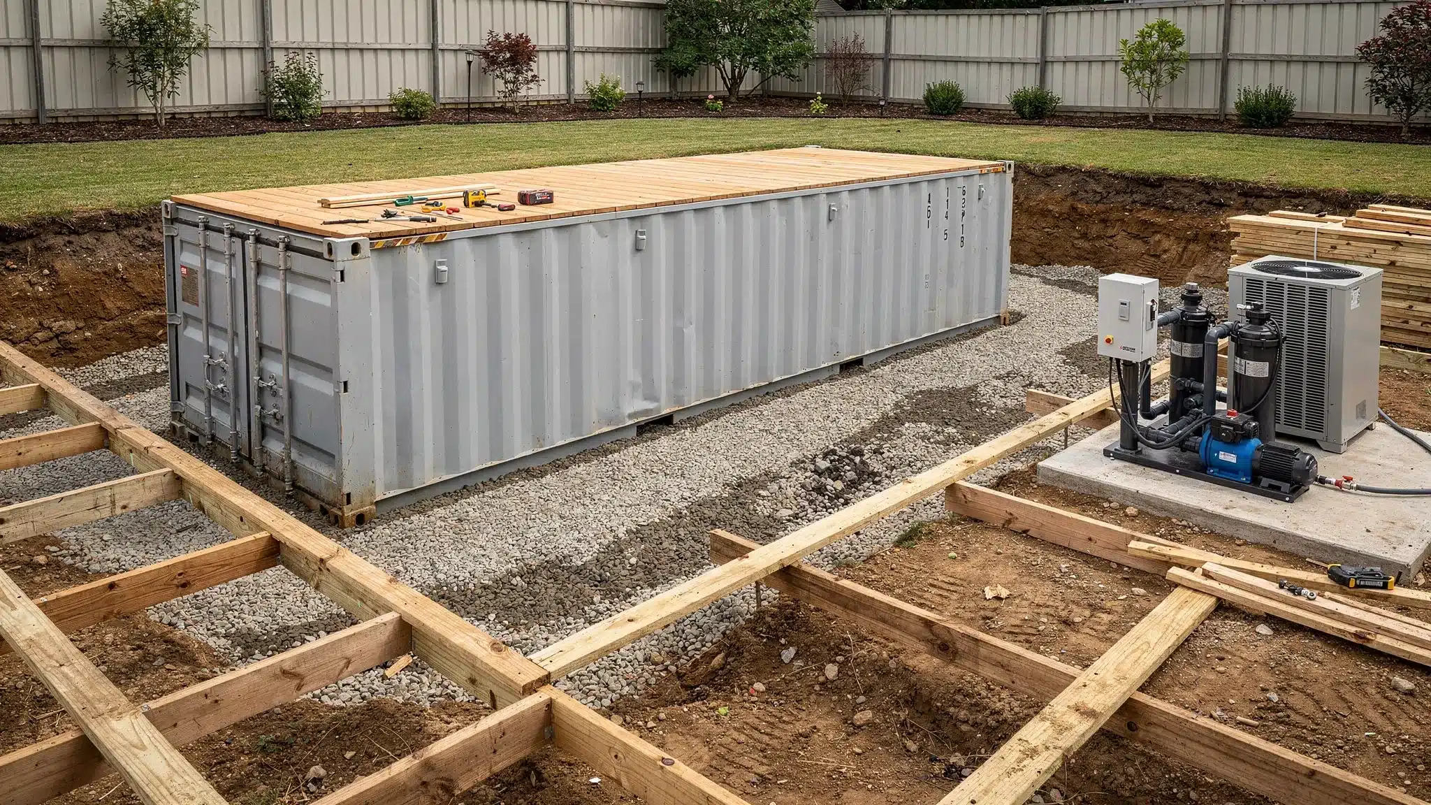 Shipping Container Pool Cost: Budgeting Beyond the Shell A backyard shipping container pool installation with a steel container shell set into a level prepared area, visible gravel drainage, pool equipment nearby, and a surrounding deck under construction.