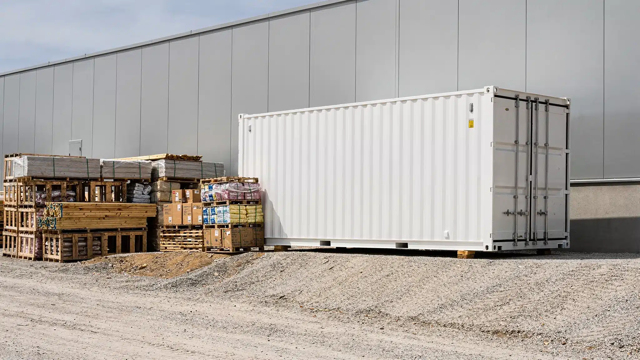 Best Containers for Business Storage and Operations A clean 40ft High Cube shipping container beside a warehouse, with stacked pallets, construction materials, and a gravel pad that drains away from the unit.