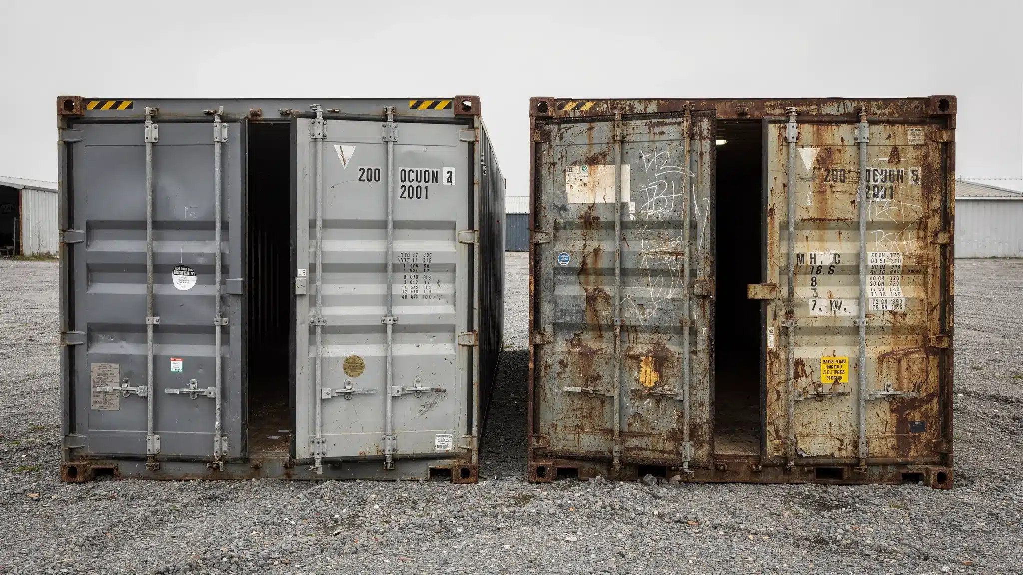 One Trip Shipping Containers vs Used: Which Should You Buy? A clean one-trip shipping container and a weathered used shipping container placed side by side on a gravel lot, with visible differences in paint condition, door gaskets, flooring, and exterior wear.