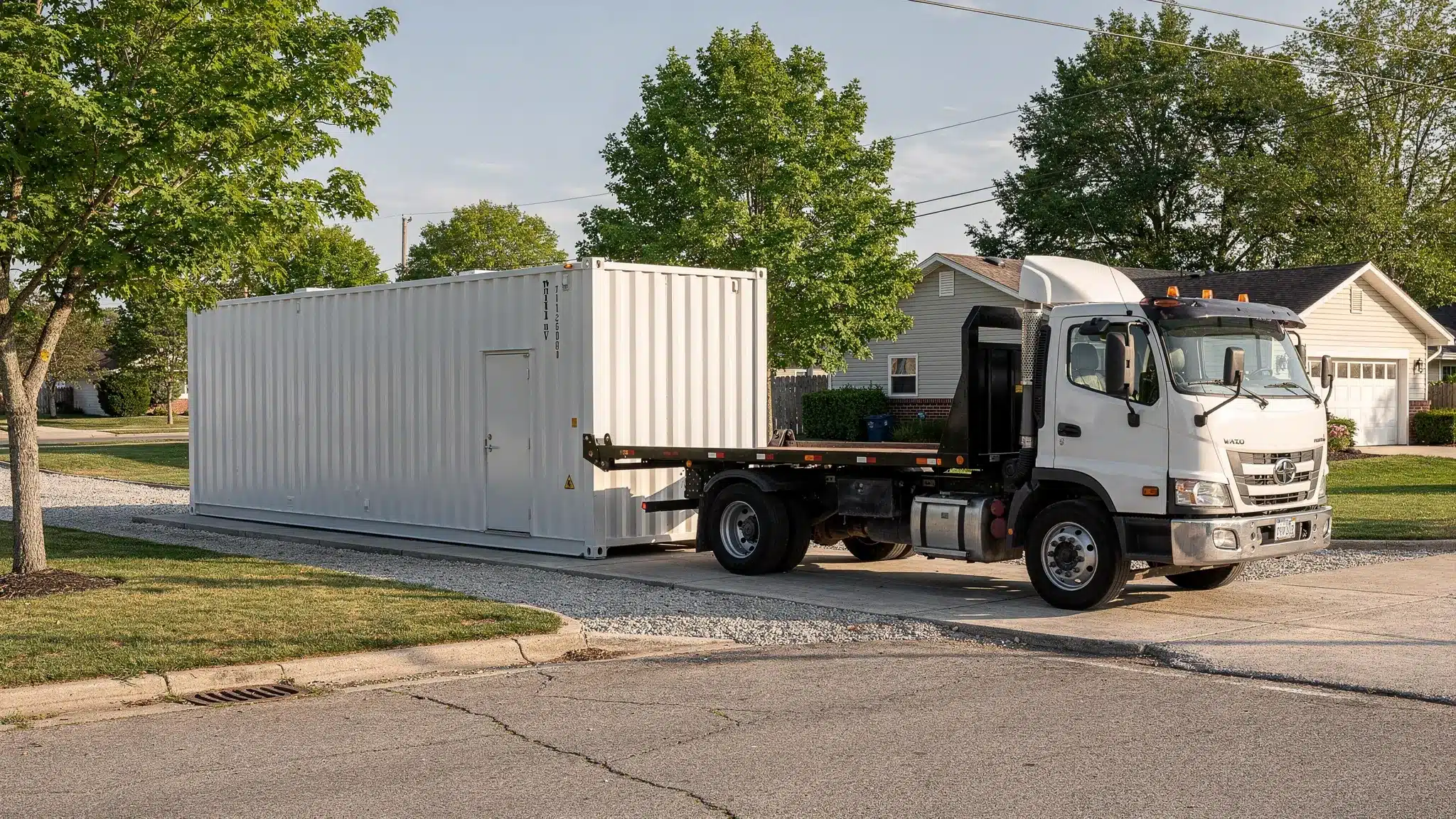 A clean shipping container being placed on a level gravel pad beside a residential driveway, with clear access for the delivery truck and trees trimmed away from the route.