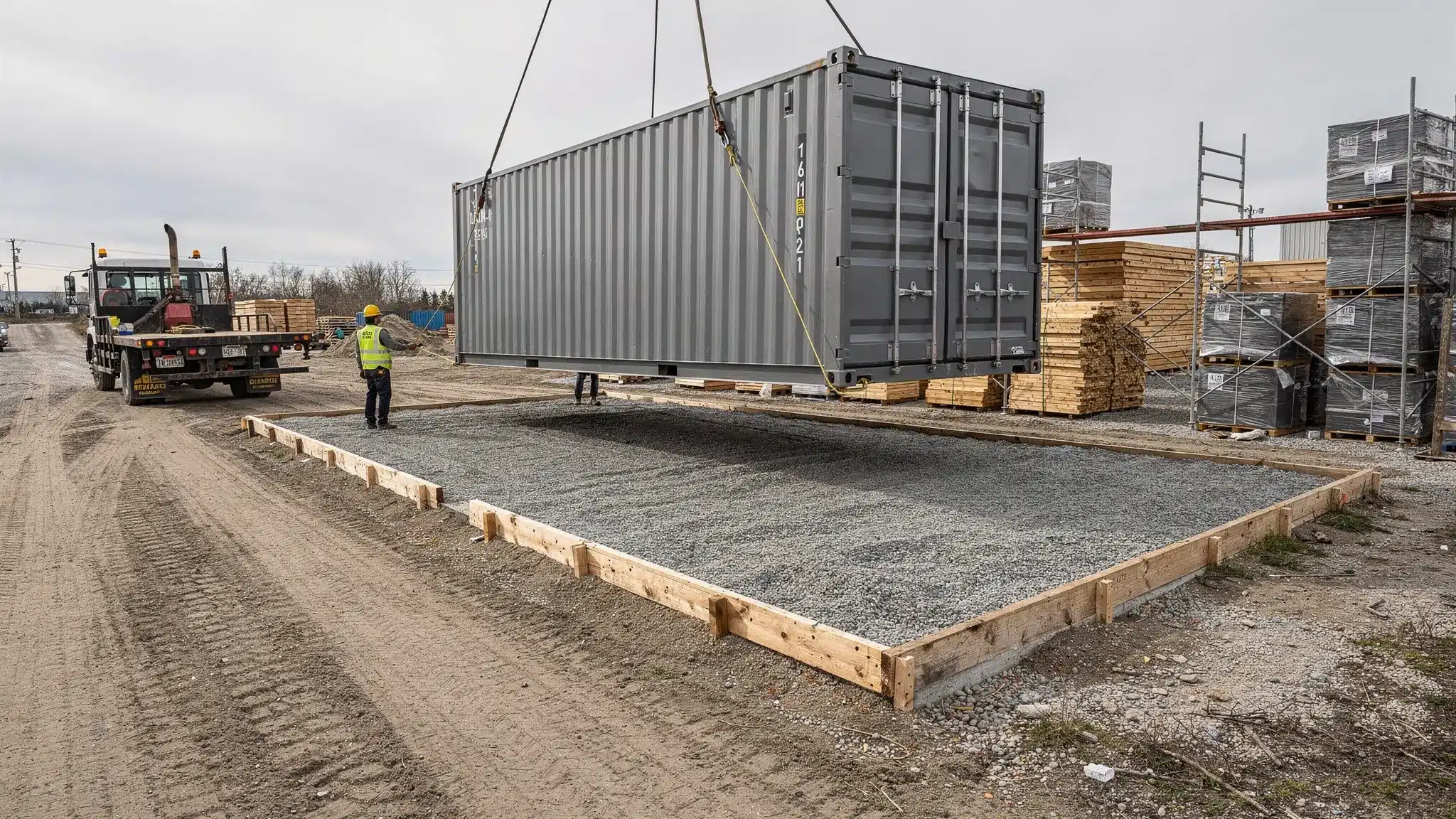 Shipping Container Rental Cost vs Buying in 2026 A clean shipping container being placed on a prepared gravel pad at a construction site, with clear truck access, level ground, and storage materials nearby.