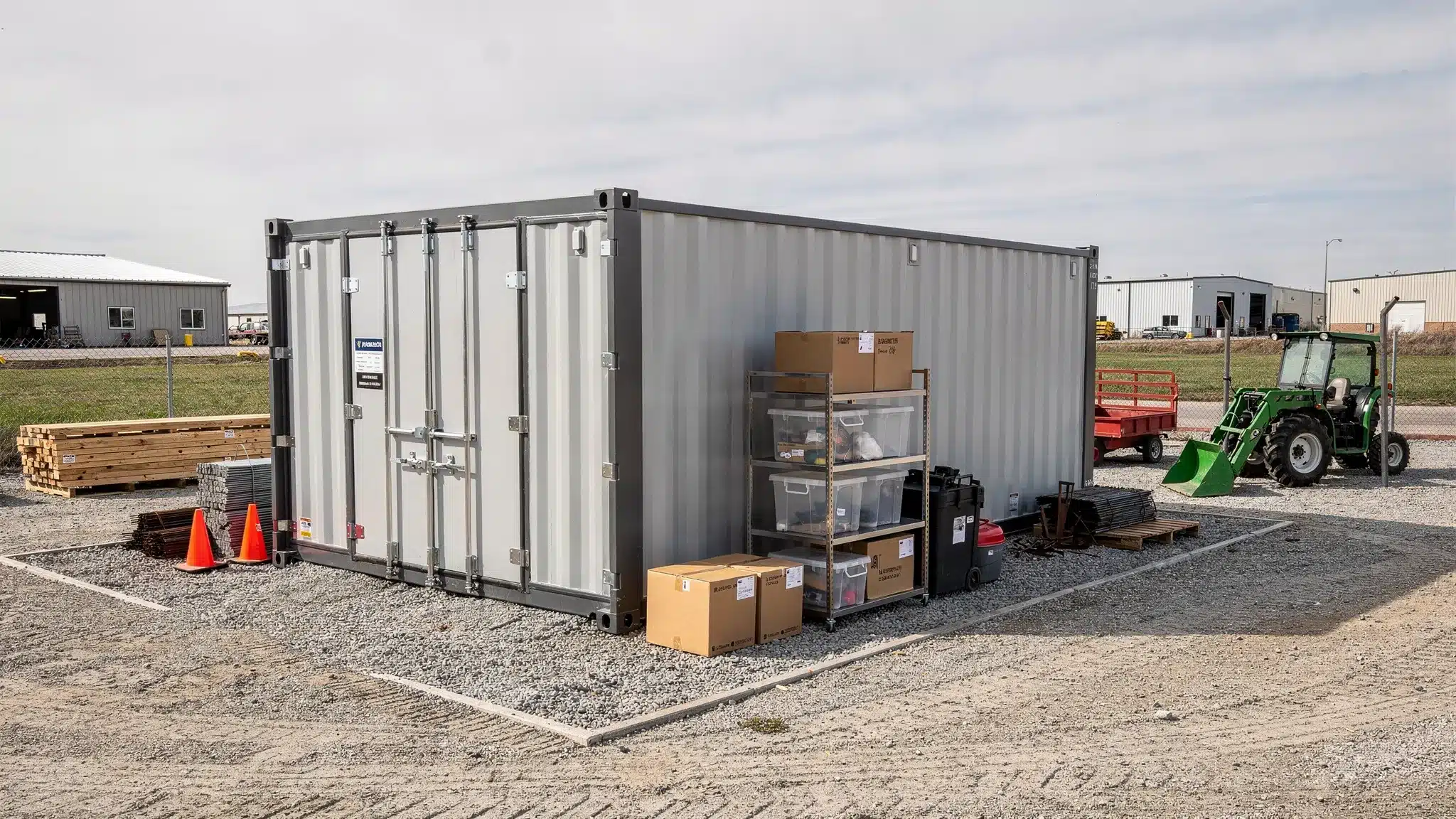 Shipping Container Storage Units: Best Uses by Industry A clean steel shipping container storage unit set on a compacted gravel pad at a mixed-use commercial site, with construction materials, farm equipment, and small business inventory organized nearby.