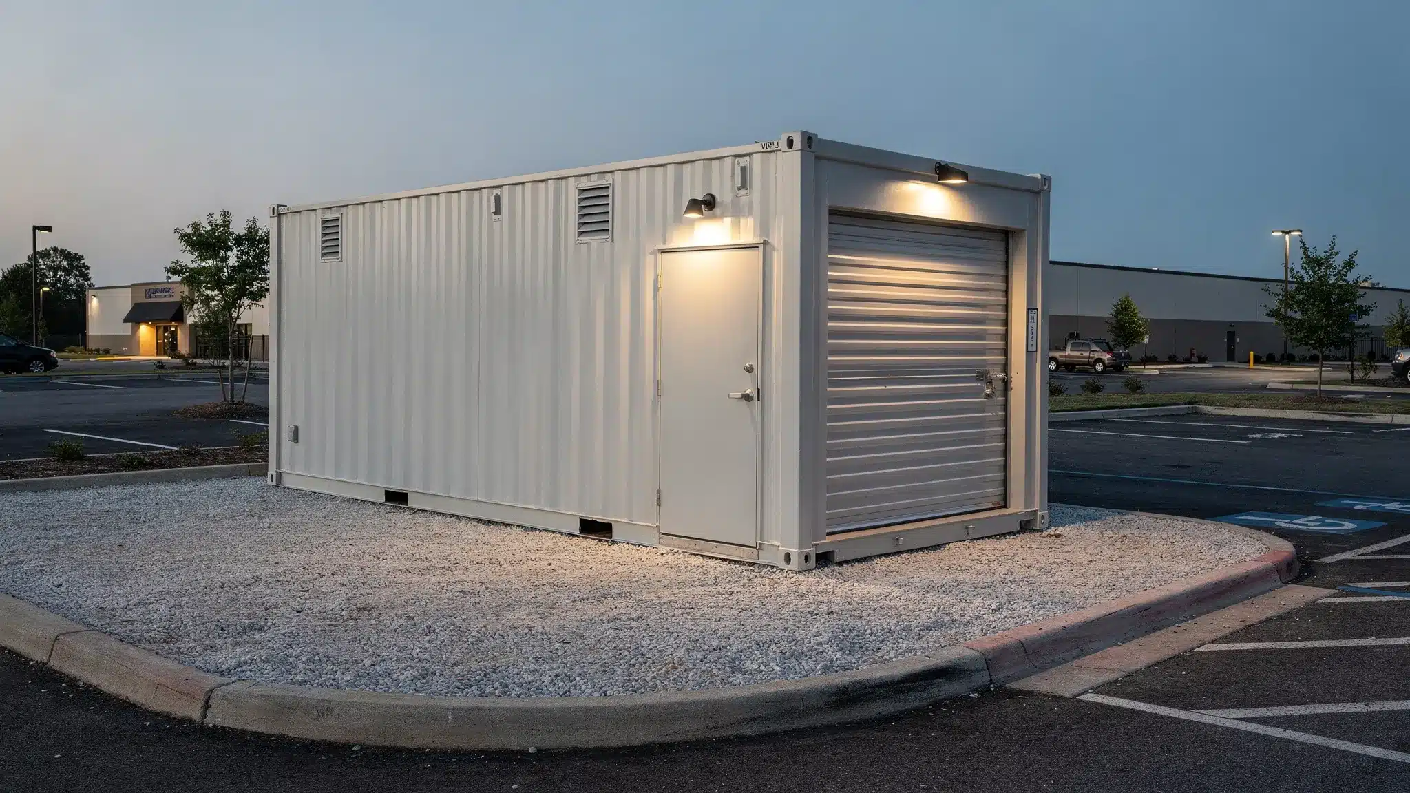 A customized shipping container with a roll-up door, personnel door, vents, exterior lighting, and a compacted gravel pad on a commercial property in Raleigh, North Carolina.