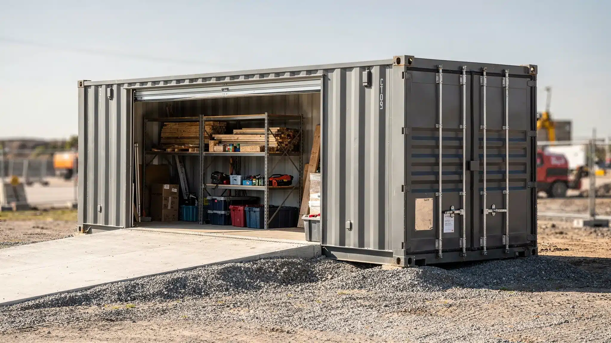 A modified shipping container on a compacted gravel pad with a side roll-up door open, shelving and construction materials visible inside, cargo doors closed at one end, and a clear loading area in front of the door.