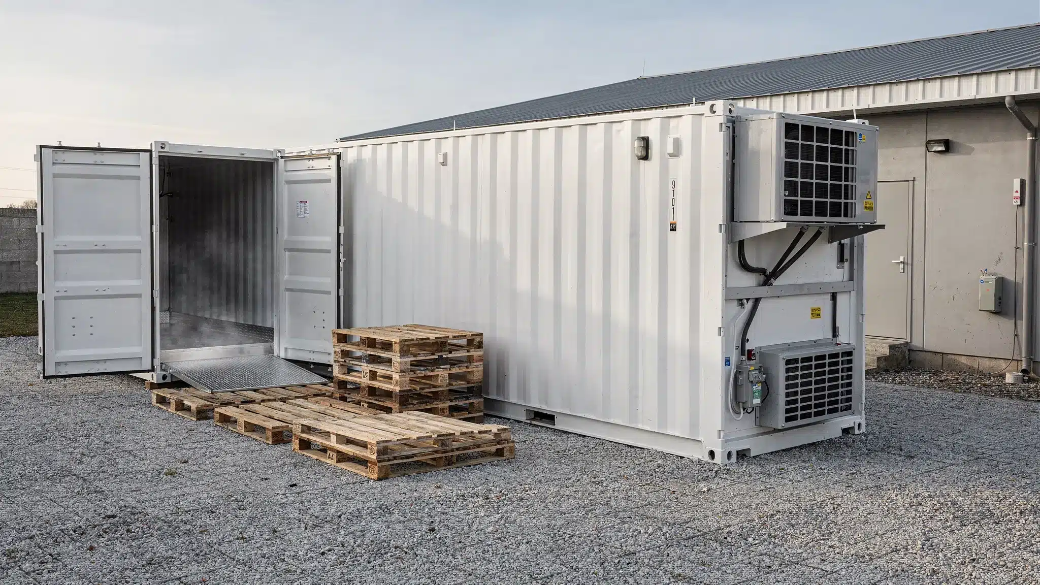 A refrigerated shipping container placed on a compacted gravel pad beside a small commercial building, with clear service access at the machinery end and pallets staged near the open doors.