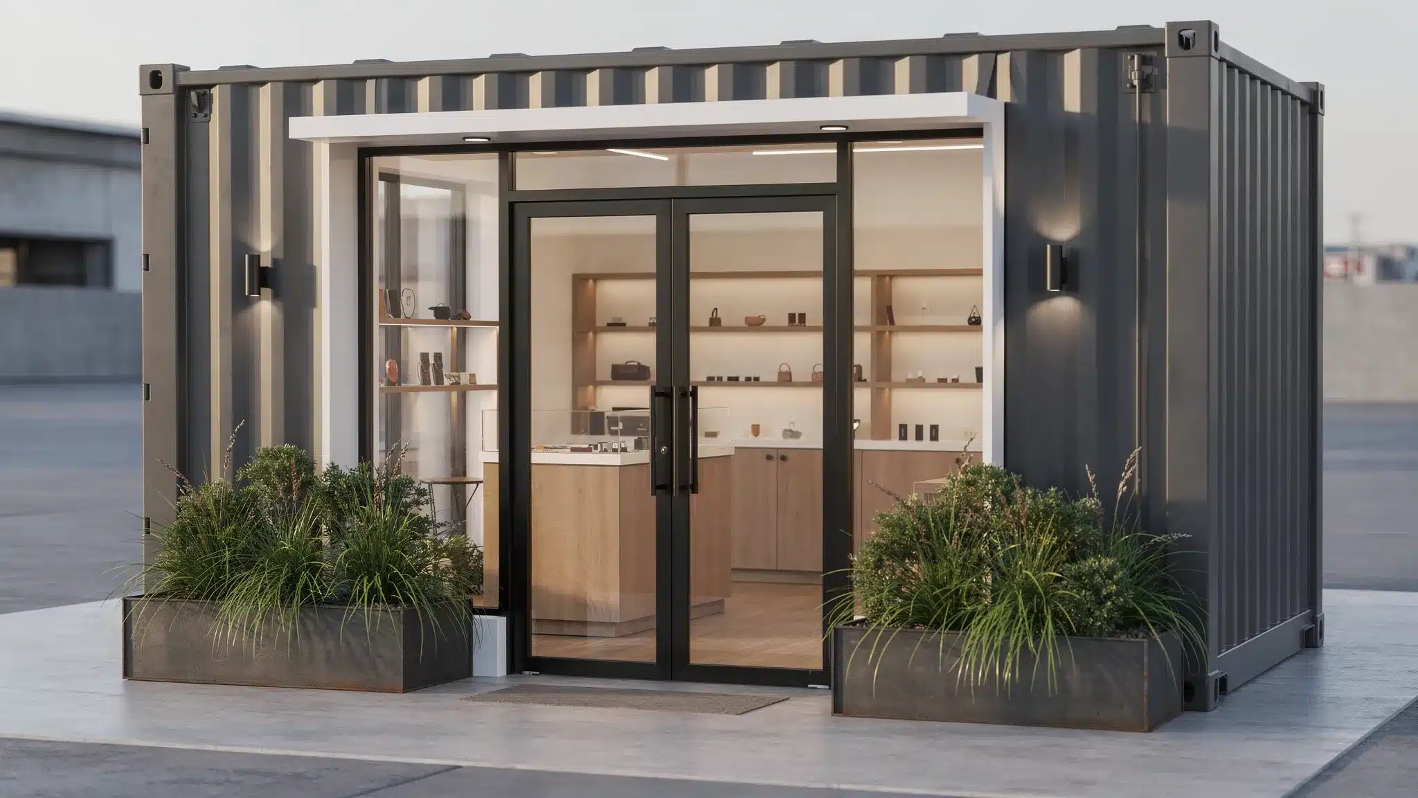 Repurposed Shipping Containers for Offices and Retail A repurposed shipping container converted into a small retail storefront with glass entry doors, exterior lighting, planters, and a compact service counter visible through the front opening.