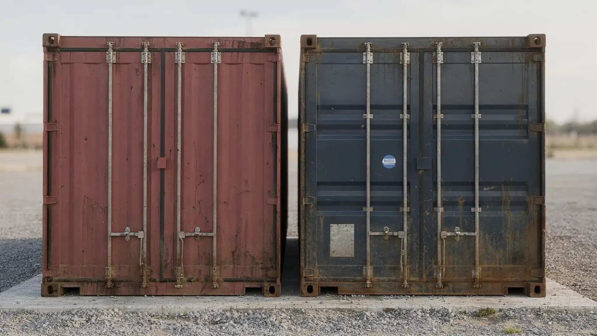 A standard shipping container and a high cube container placed side by side on a prepared gravel pad, showing the high cube unit with one extra foot of height and both units made from corrugated Corten steel with cargo doors facing forward.