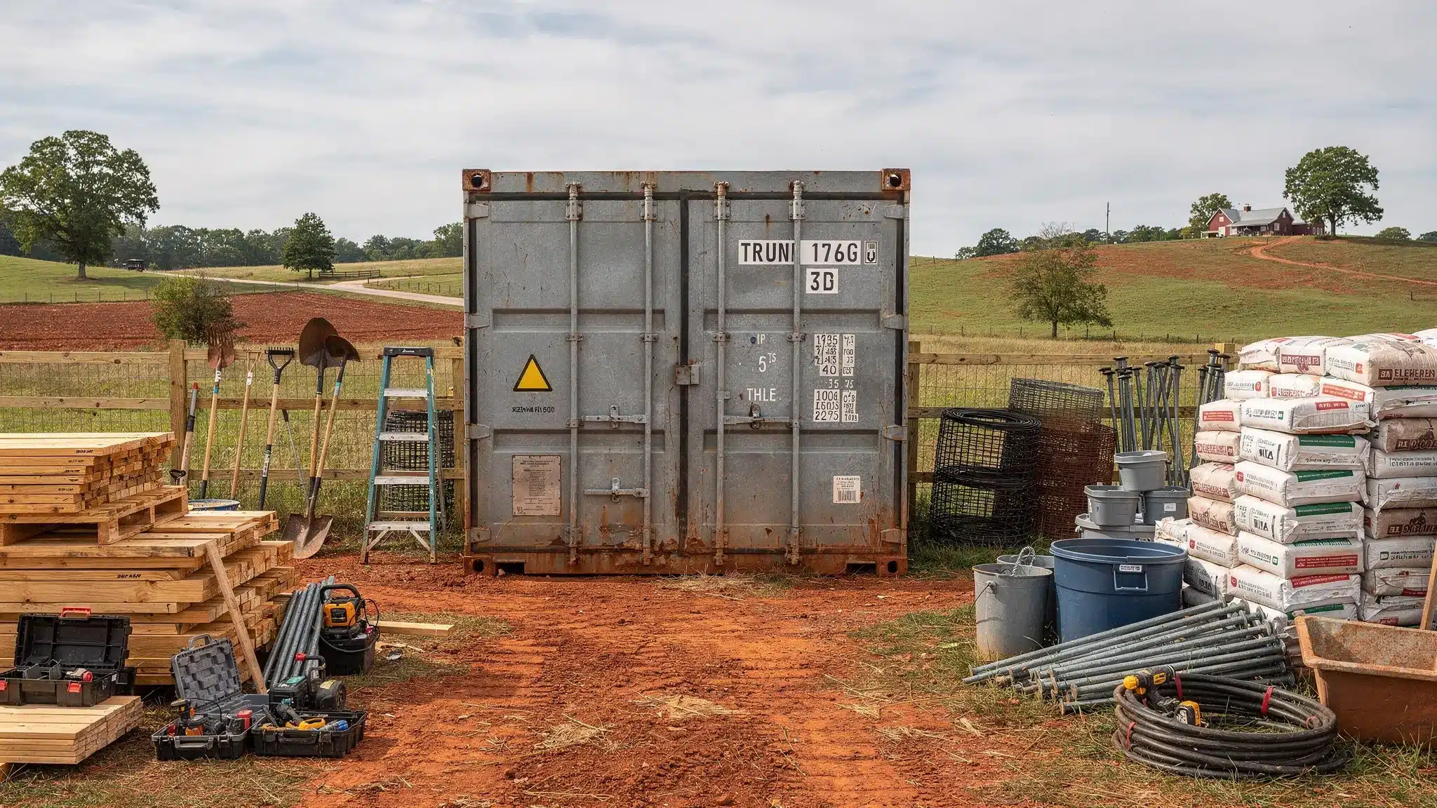 A steel shipping container placed between a construction jobsite and a farm storage area, with tools, lumber, pallets, fencing materials, and feed organized nearby in a rural North Carolina setting.