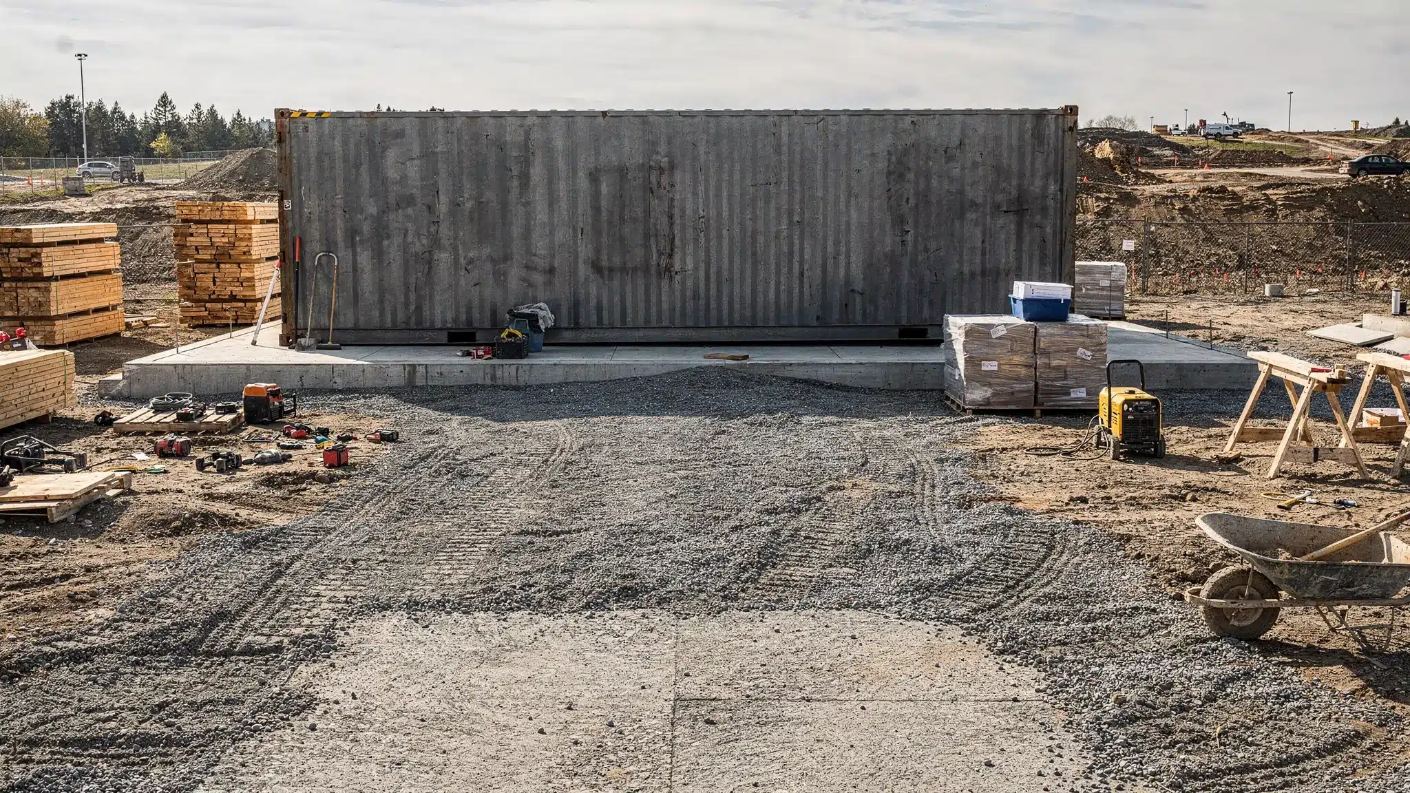 Why Construction Containers Beat Traditional Site Storage A steel shipping container placed on a construction site with lumber, tools, and equipment nearby, positioned on a level gravel pad with a clear access path for trucks.