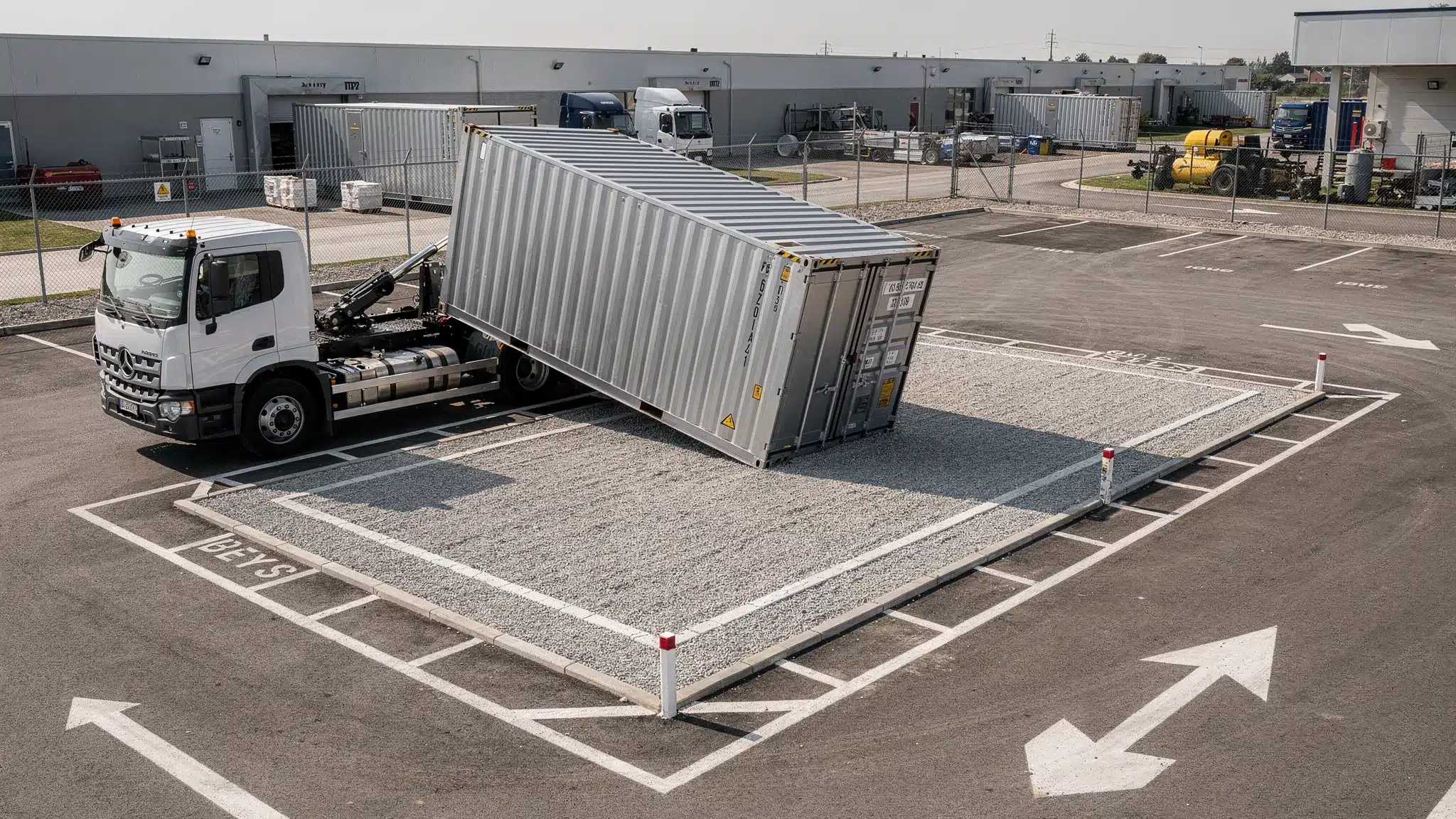 A tilt-bed truck placing a steel shipping container onto a prepared gravel pad at a commercial property, with clear access lanes and marked placement area.