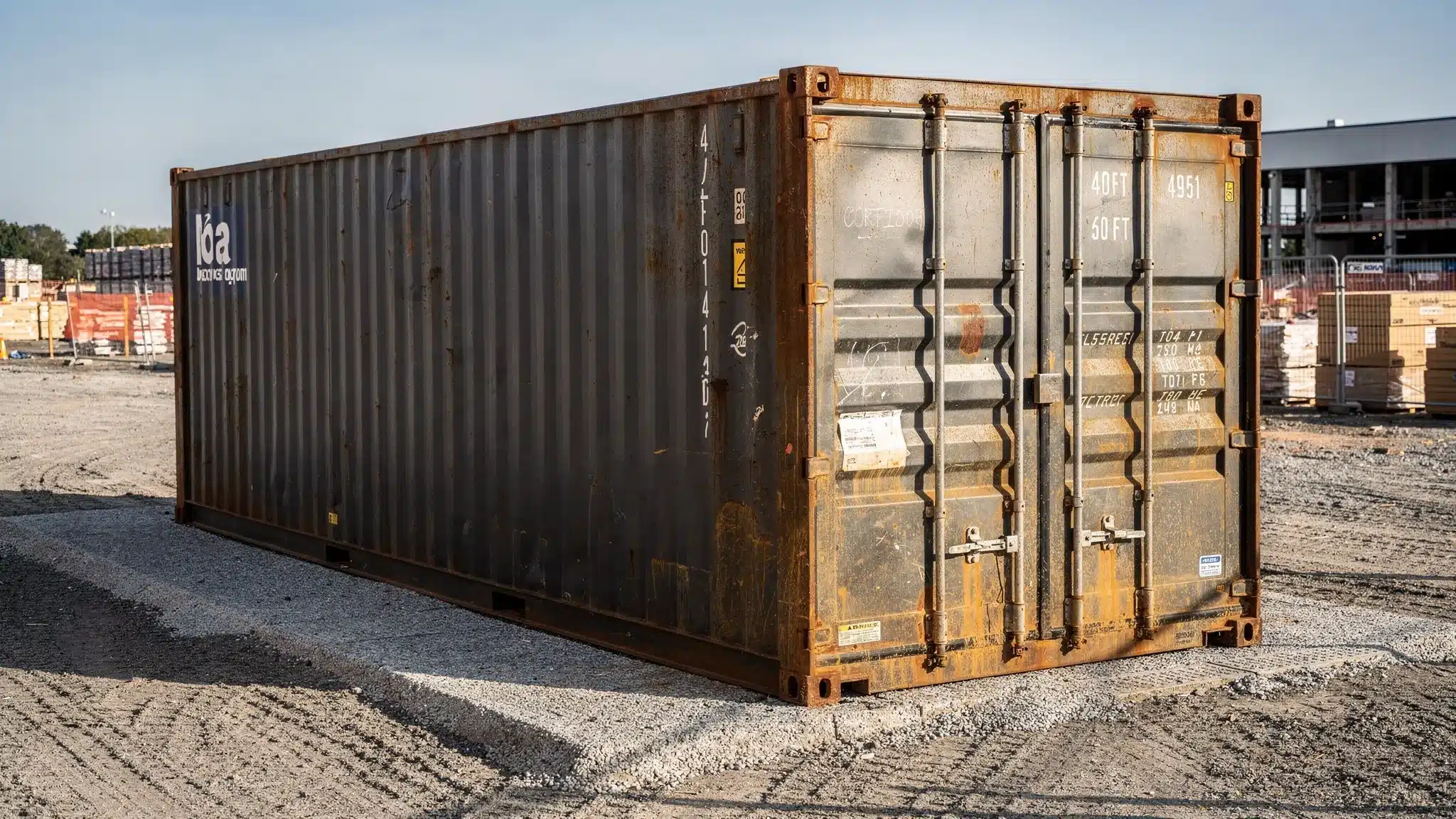 A used 40ft Corten steel freight container set on a compacted gravel pad at a commercial jobsite, with visible corrugated side panels, double cargo doors, and clear access around the unit for delivery and inspection.