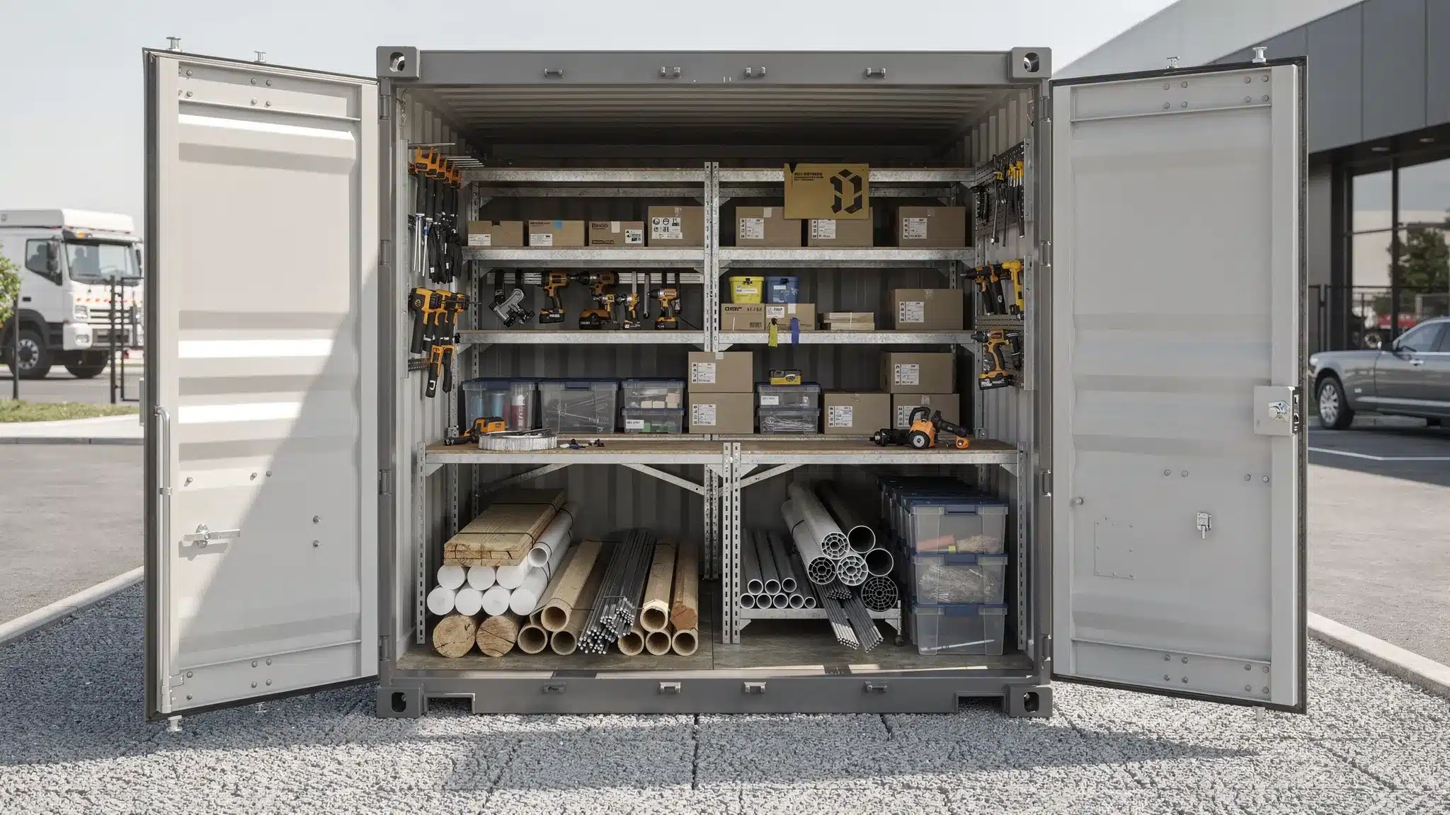 Open Side Shipping Containers: Best Uses and Tradeoffs An open side shipping container placed on a compacted gravel pad at a commercial property, with the full side doors open to reveal organized racks of tools, boxed inventory, and building materials.