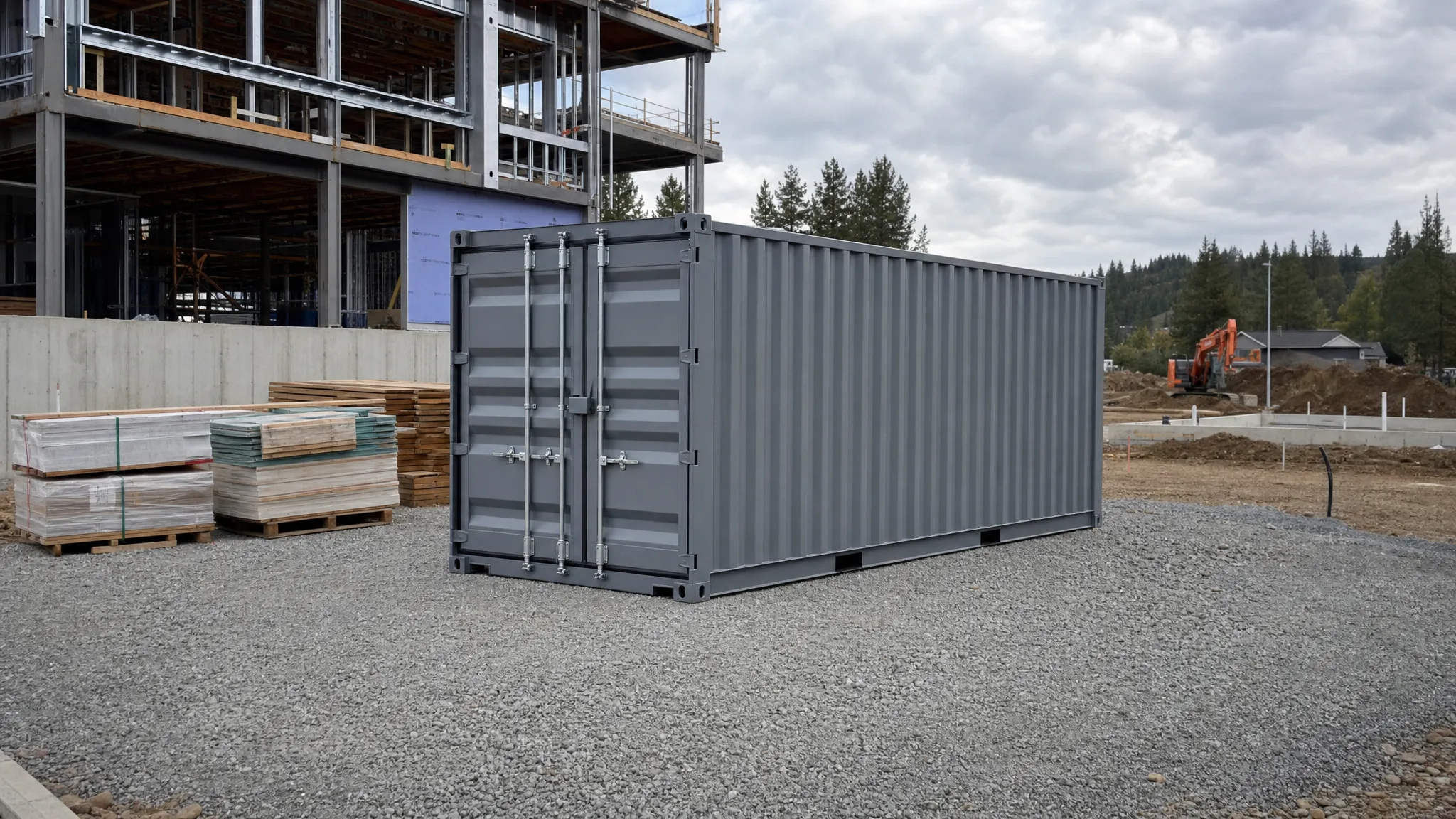 A 20 ft steel cargo container placed on a level gravel pad beside a construction site, with neatly stacked building materials nearby and clear access space for delivery equipment.